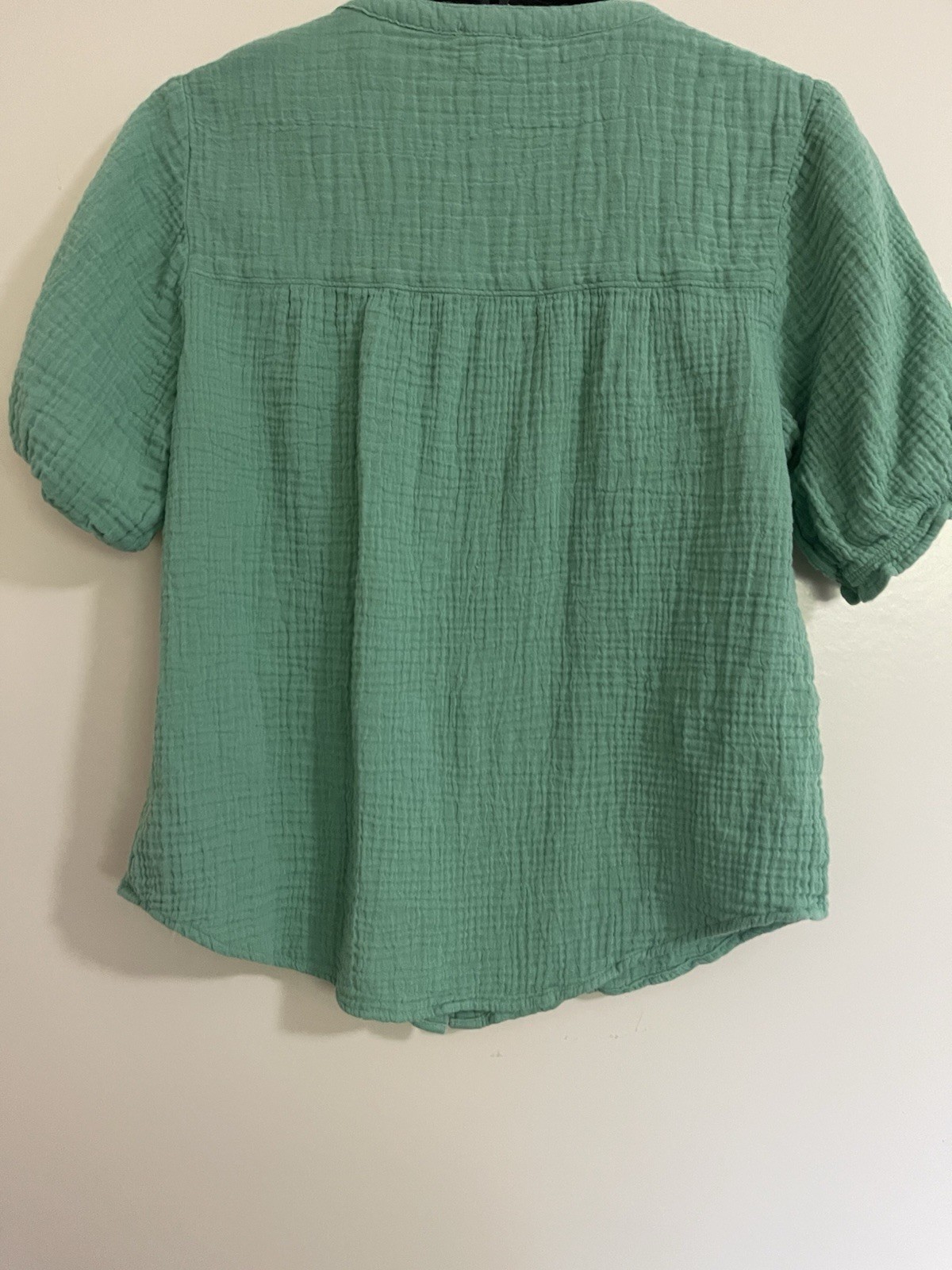 Beach Lunch Lounge Short Sleeve Ribbed Quilted Button Top Blouse Green Sz XS
