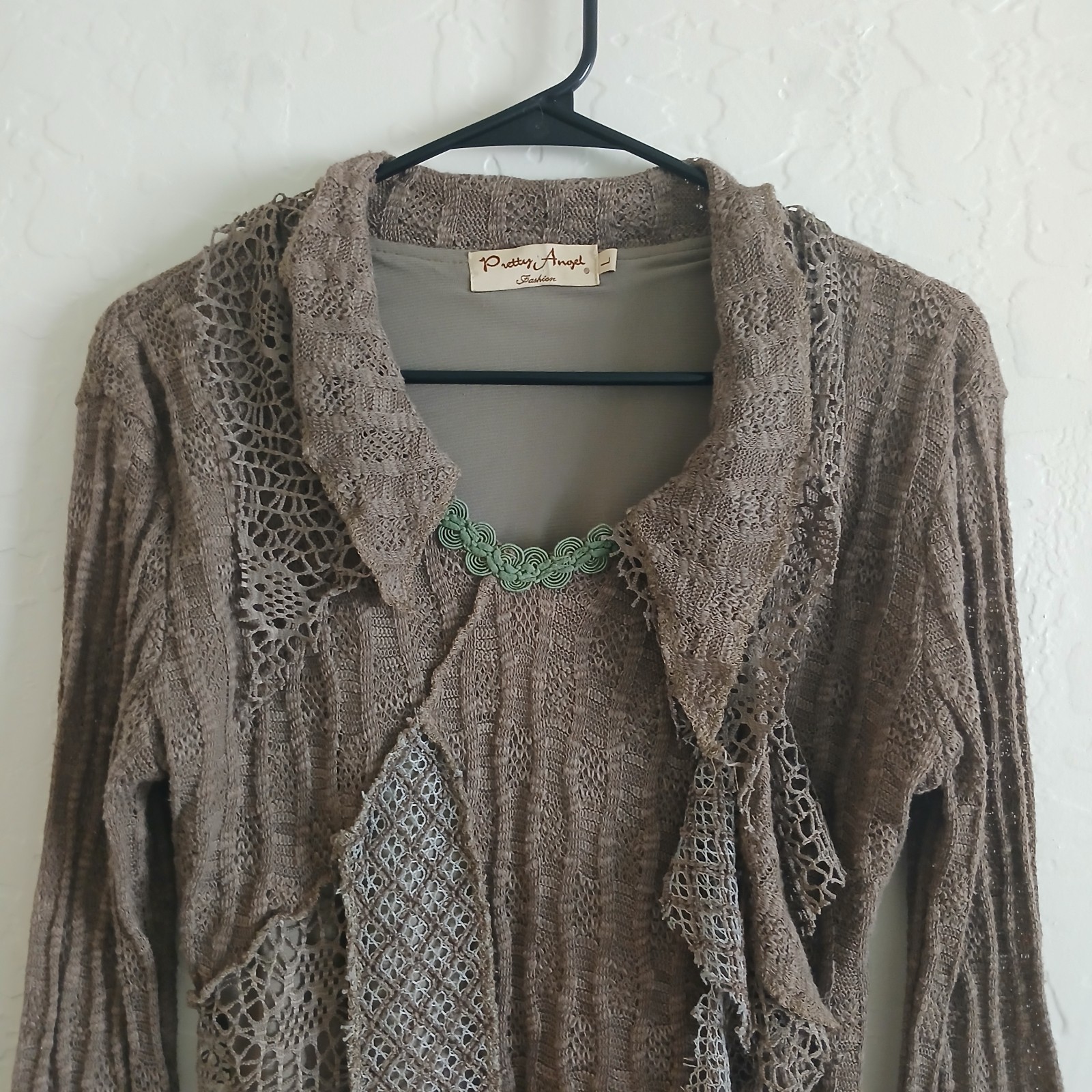PRETTY ANGEL Mixed Media Goblincore Bell Sleeve Top Women’s L Brown Crochet