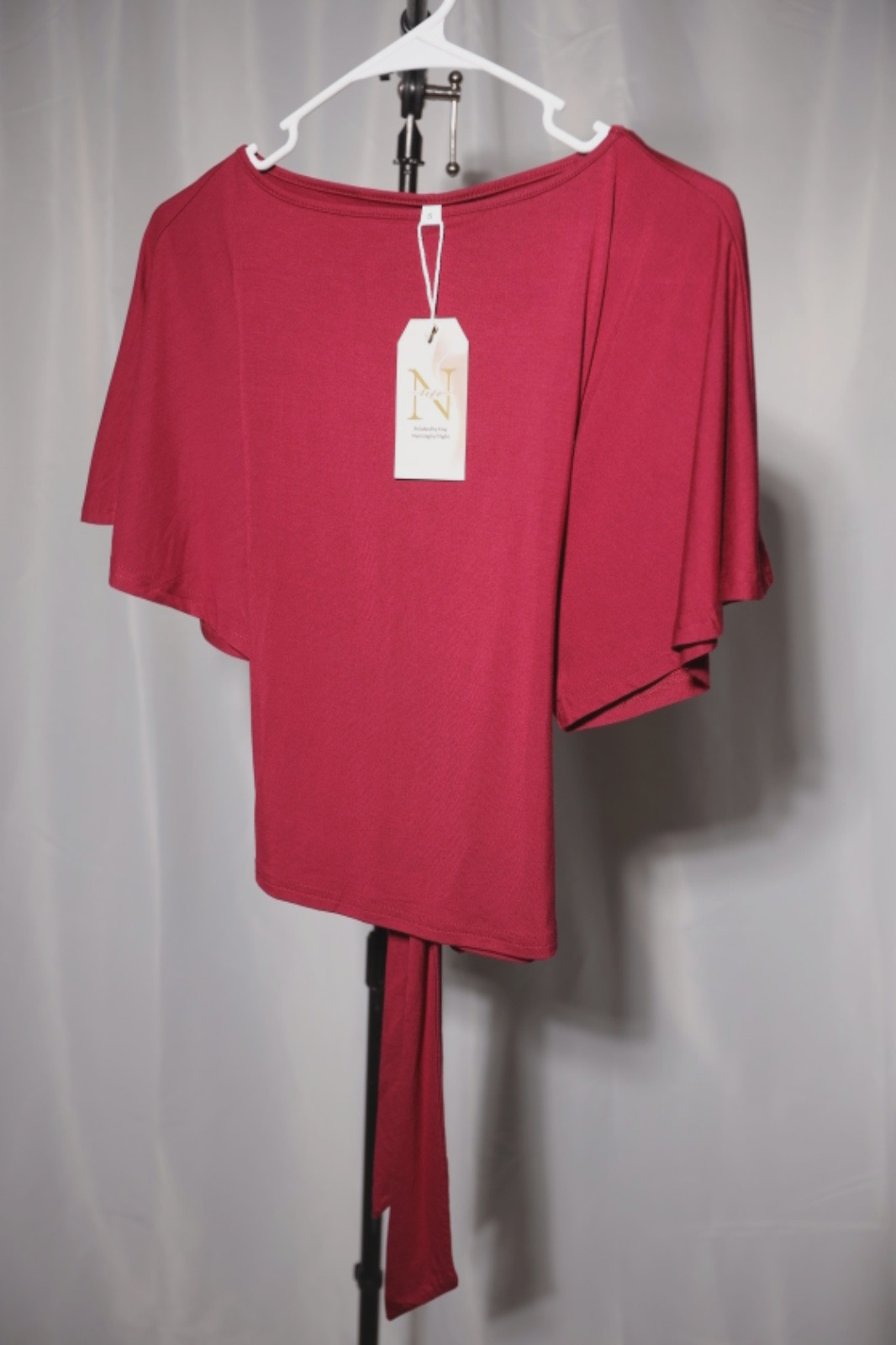 NEW | Nlife Womens Tie Back Blouse Boat Neck Flutter Sleeves Wrap Burgandy Sz S