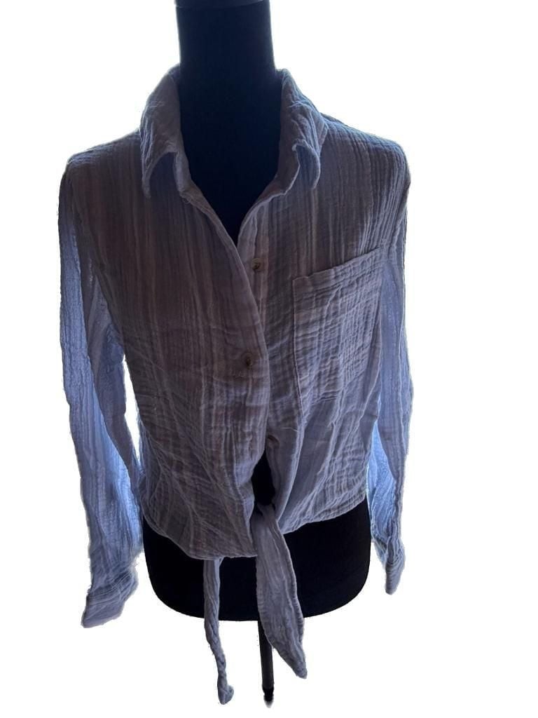 Love Notes Light Blue Cotton Gauze Tie-Front Long-Sleeve Button-Down Shirt