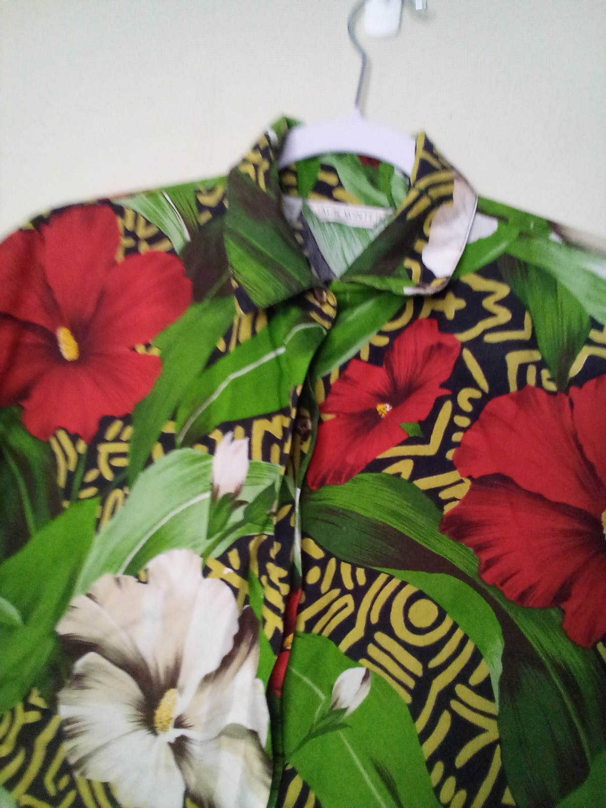Jack Winter Shirt Women M Button Up Short Sleeve Tropical Print Green Red