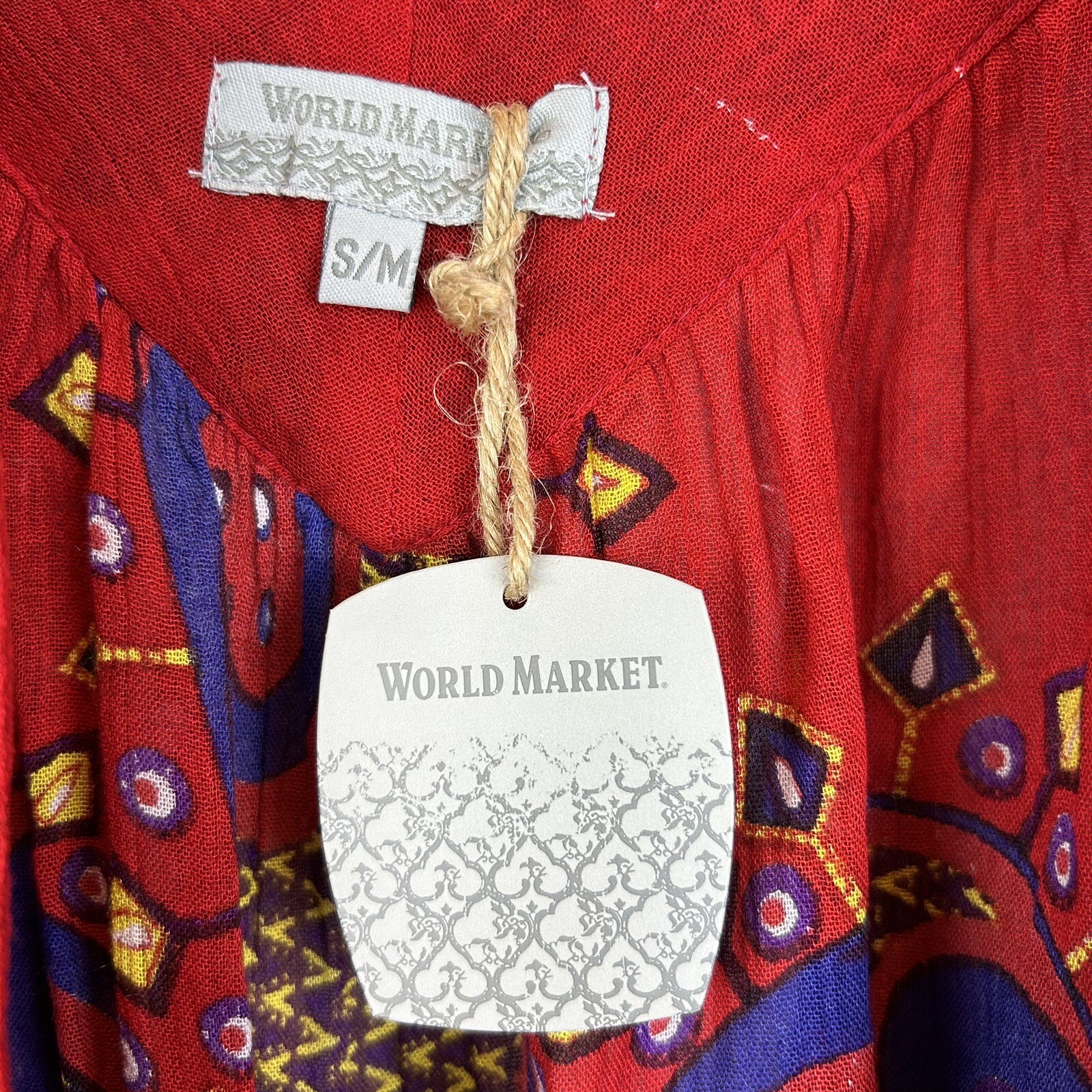 World Market Top Womens S/M Red Festival Boho Short Sleeve V Neck New Tags