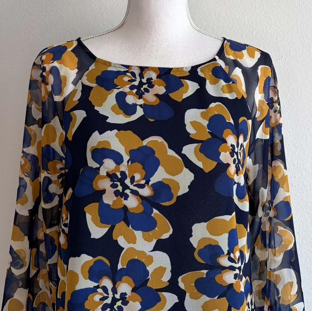 CABI Navy Blue & Yellow Floral Lydia Chiffon Blouse | Small