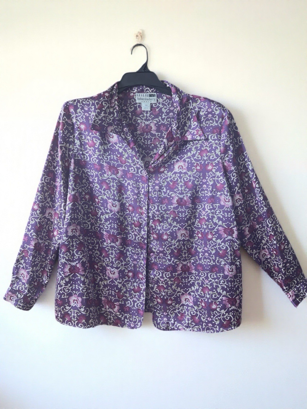 Vintage Leslie Fay Haberdashery Women’s 18W Purple Floral Satin Button-Up Blouse