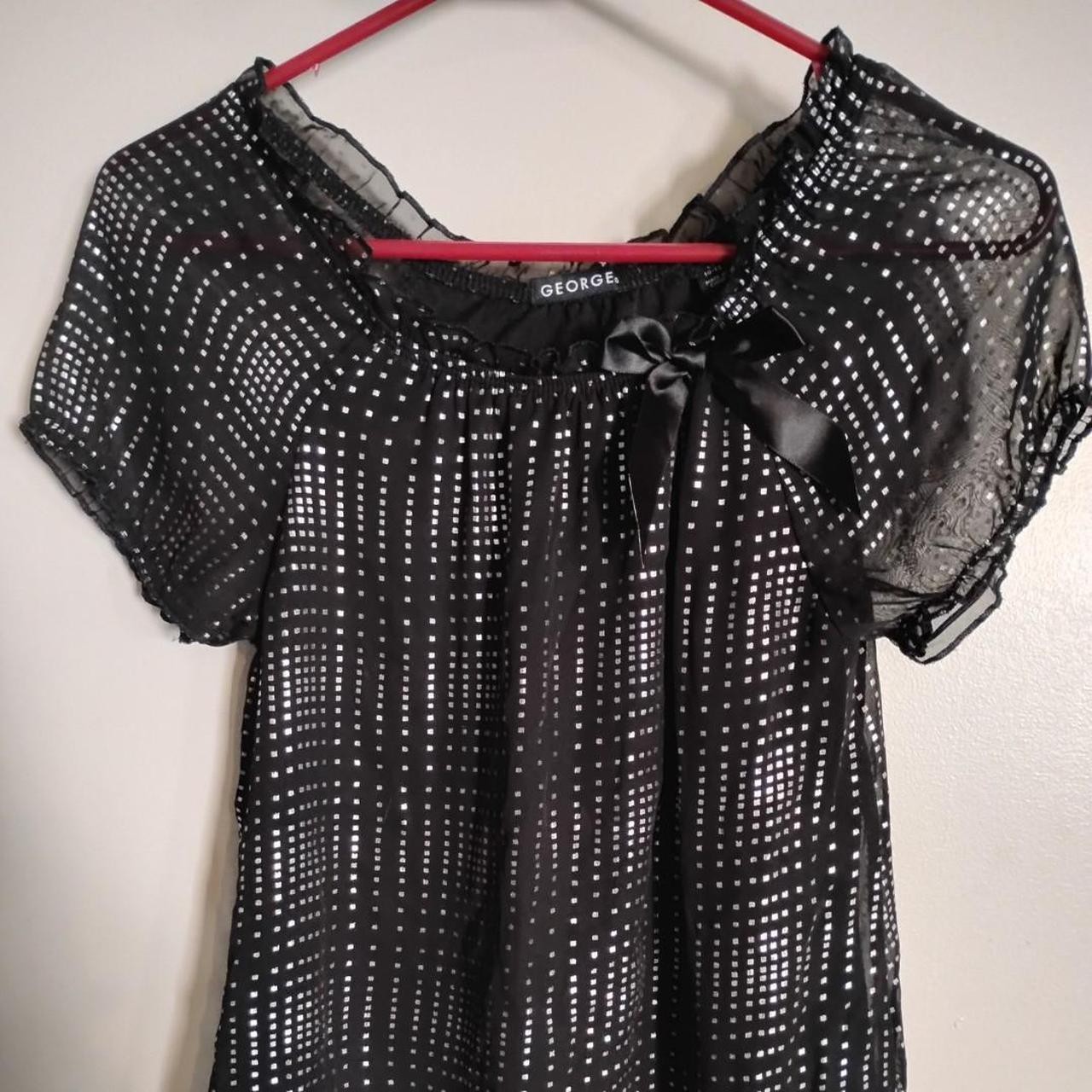 VINTAGE Y2K MALL GOTH MESH BLOUSE BLACK SILVER METALLIC BOW DETAIL TOP