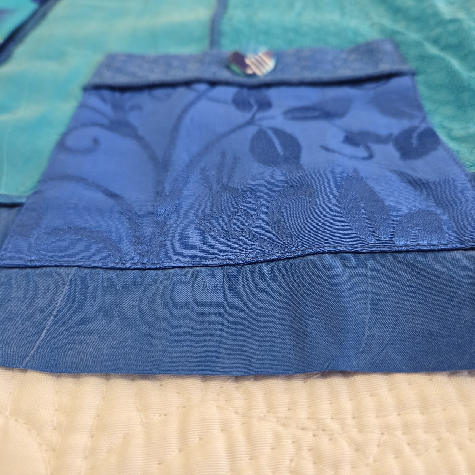Vtg Christina Hope Mixed Media Button Up Exposed Hem Patchwork Artstly Aqua Blue