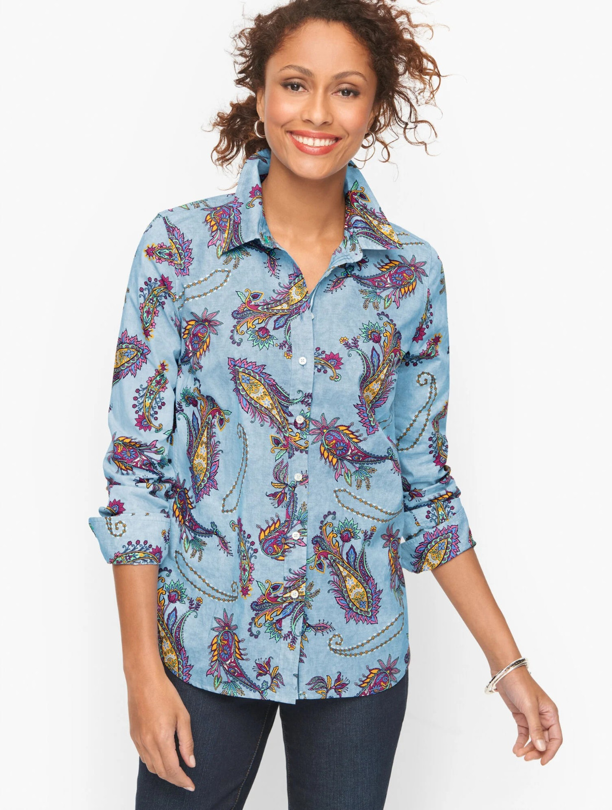 Talbots Blue Swirly Paisley Long Sleeve Button Front Cotton Top Medium NWT