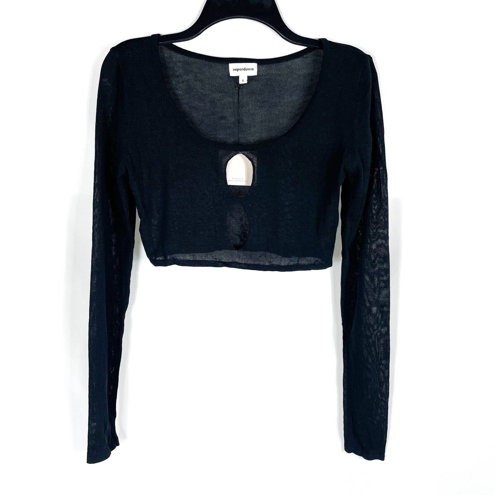 Superdown Jasmina Knit Top Black Crop Cut Out Long Sleeve Scoop Neck Sz S