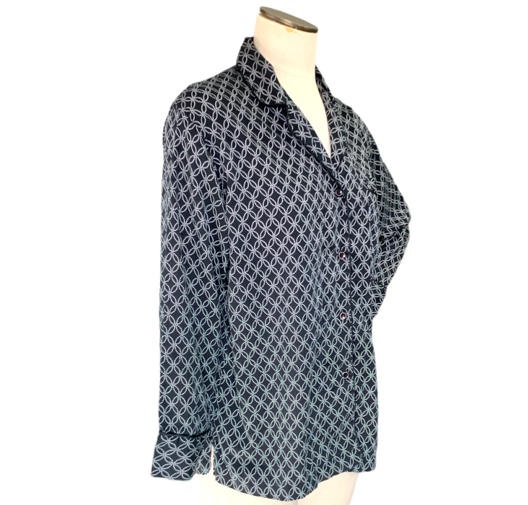 I. Magnin Cotton Button Down Top Sz M Black & White #94B
