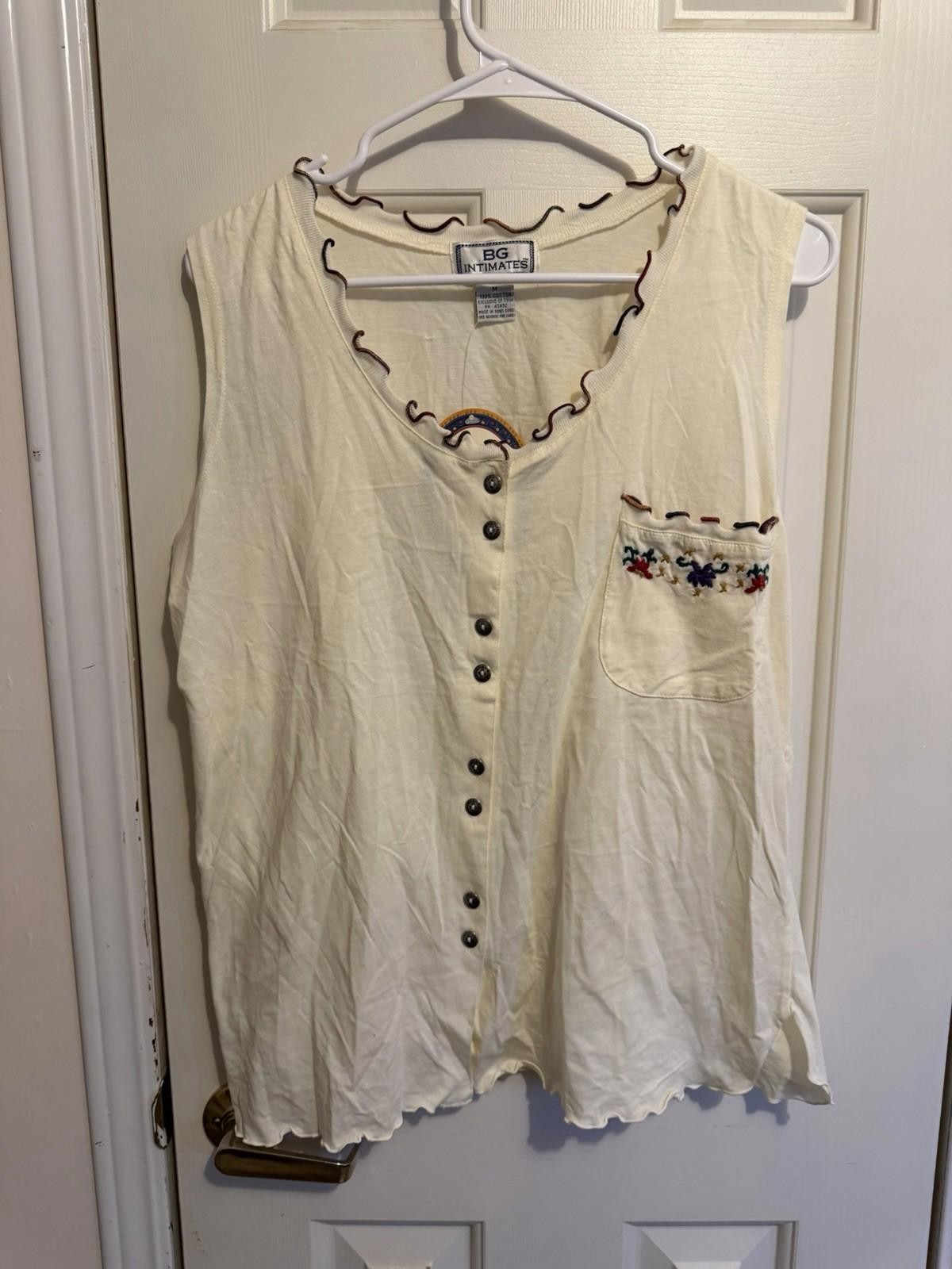 Deadstock BG Intimates Sleeveless Tank Button Up Floral Embroidered Pocket M