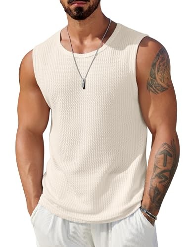 Mens Casual Tank Tops 2 Pack Waffle Knit Sleeveless Shirt X-Large Beige 1 Pack