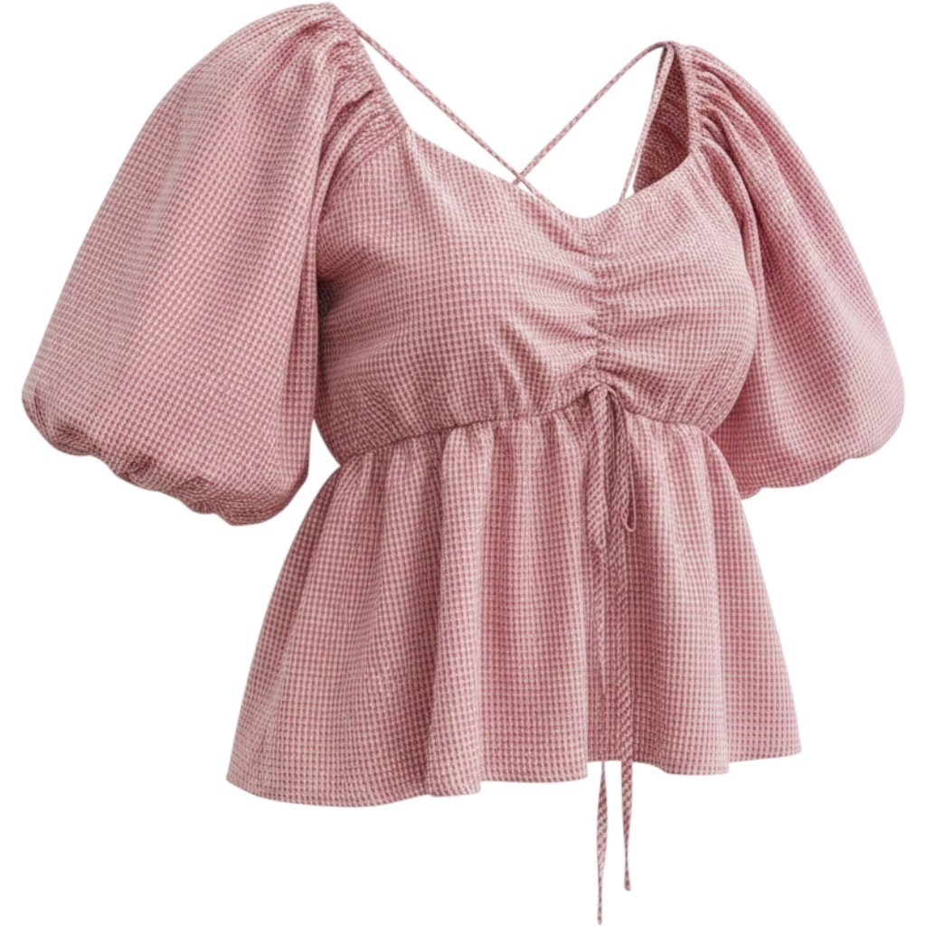 Arula Size B (2X) Pink Gingham Seersucker Puff Sleeve Peplum Top Smocked Back