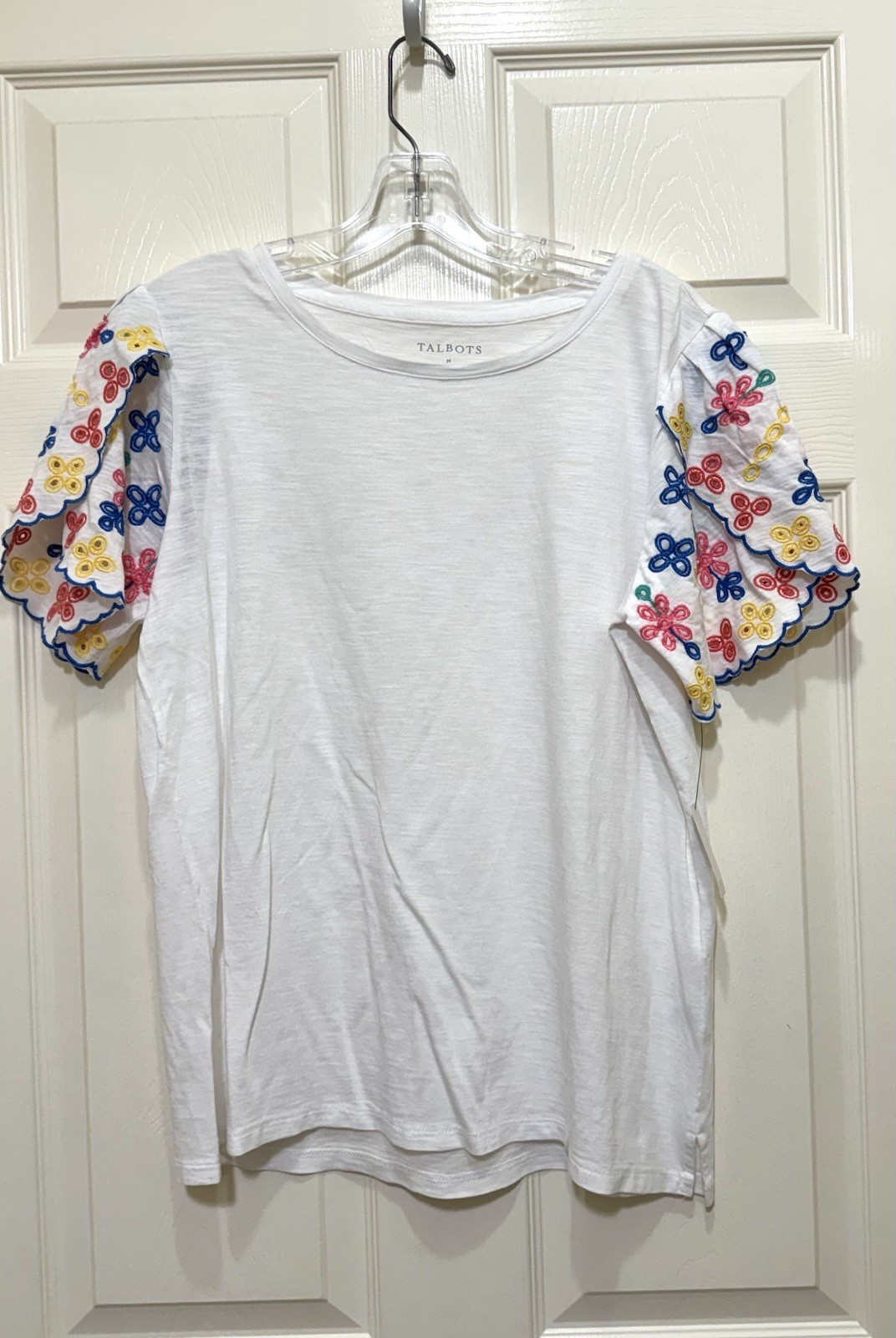 NWT Talbots Embroidered Flutter Sleeve Tee White Floral Cotton Modal Size Medium