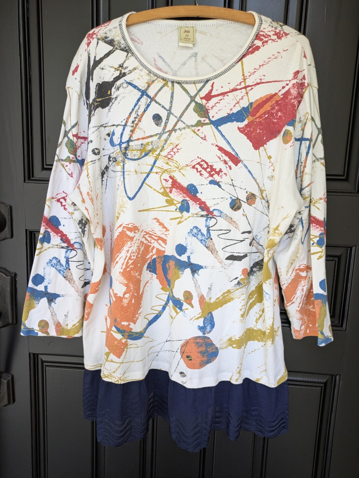 Jess & Jane Women’s Festival Top 3/4 Sleeve Abstract Art Boho Size 2X