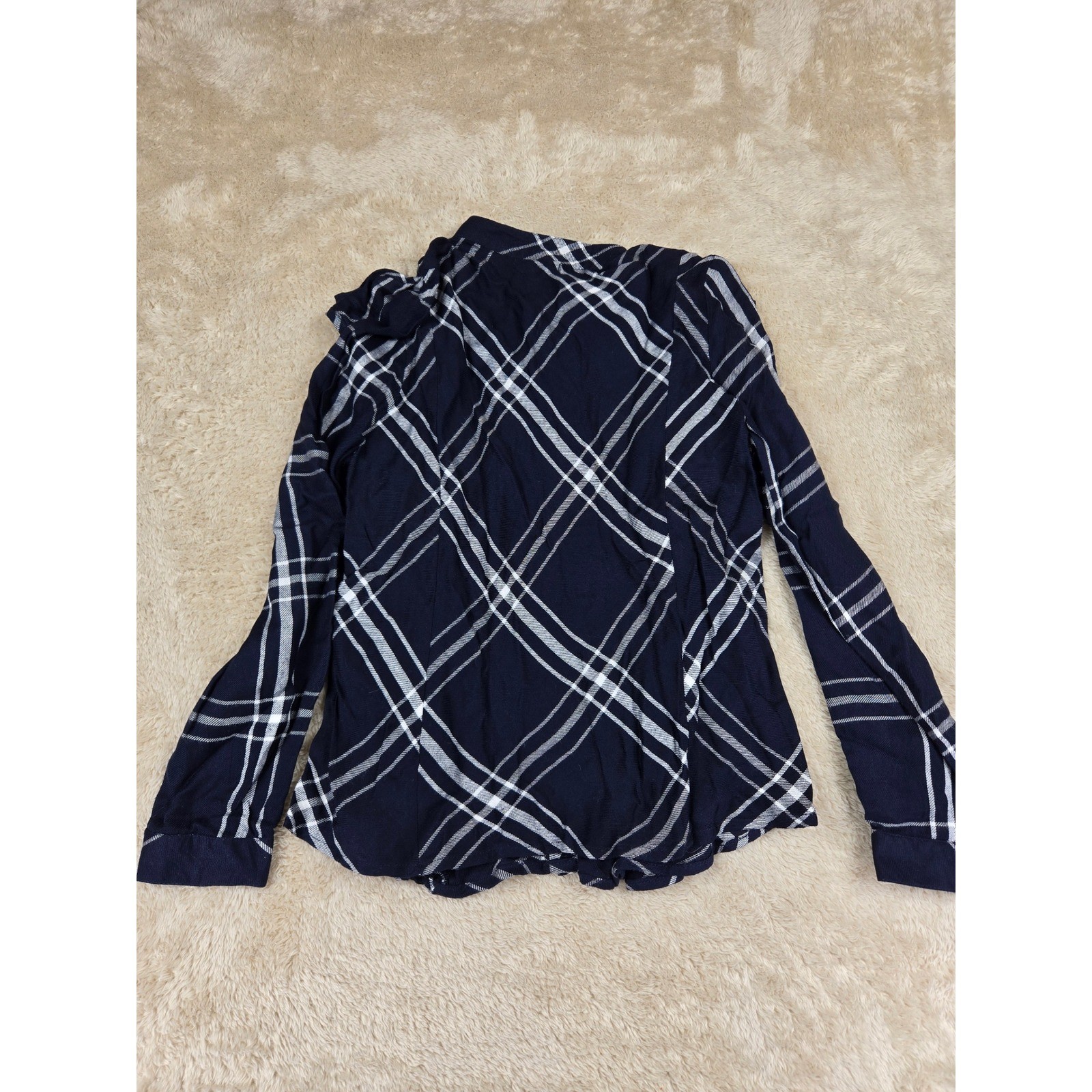 Style Envy Navy White Plaid Button Front Ruffle Peplum Blouse Shirt Women’s S