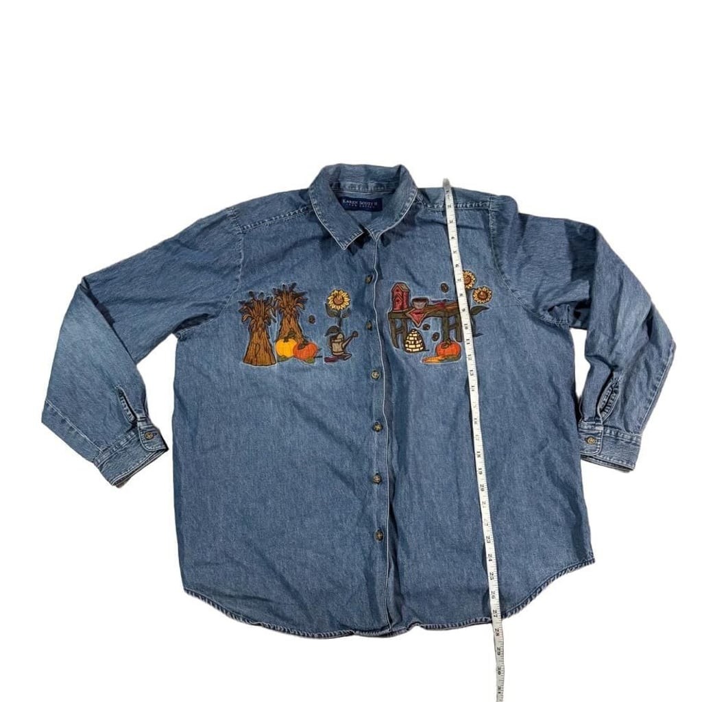 Karen Scott II Vintage Denim Button-Down Shirt with Fall Harvest Embroidery