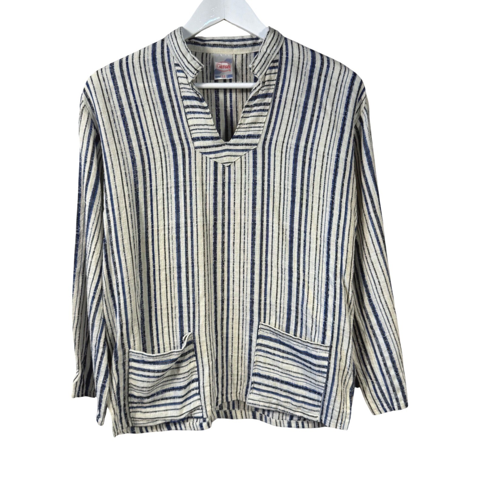 Giras Greece Cream Blue Woven Striped Cotton Viscose Pullover Tunic Top Small