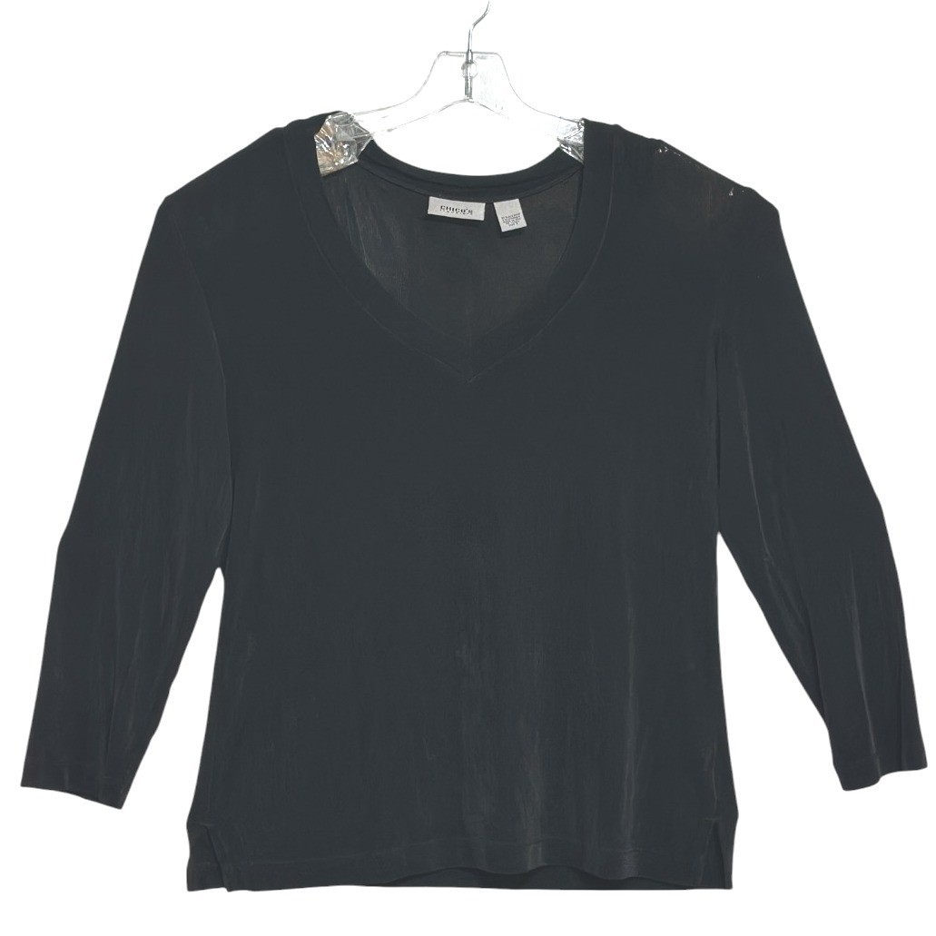 Chico’s Travelers Top Women Black V-Neck 3/4 Sleeeve Capsule Wardrobe USA Made 2