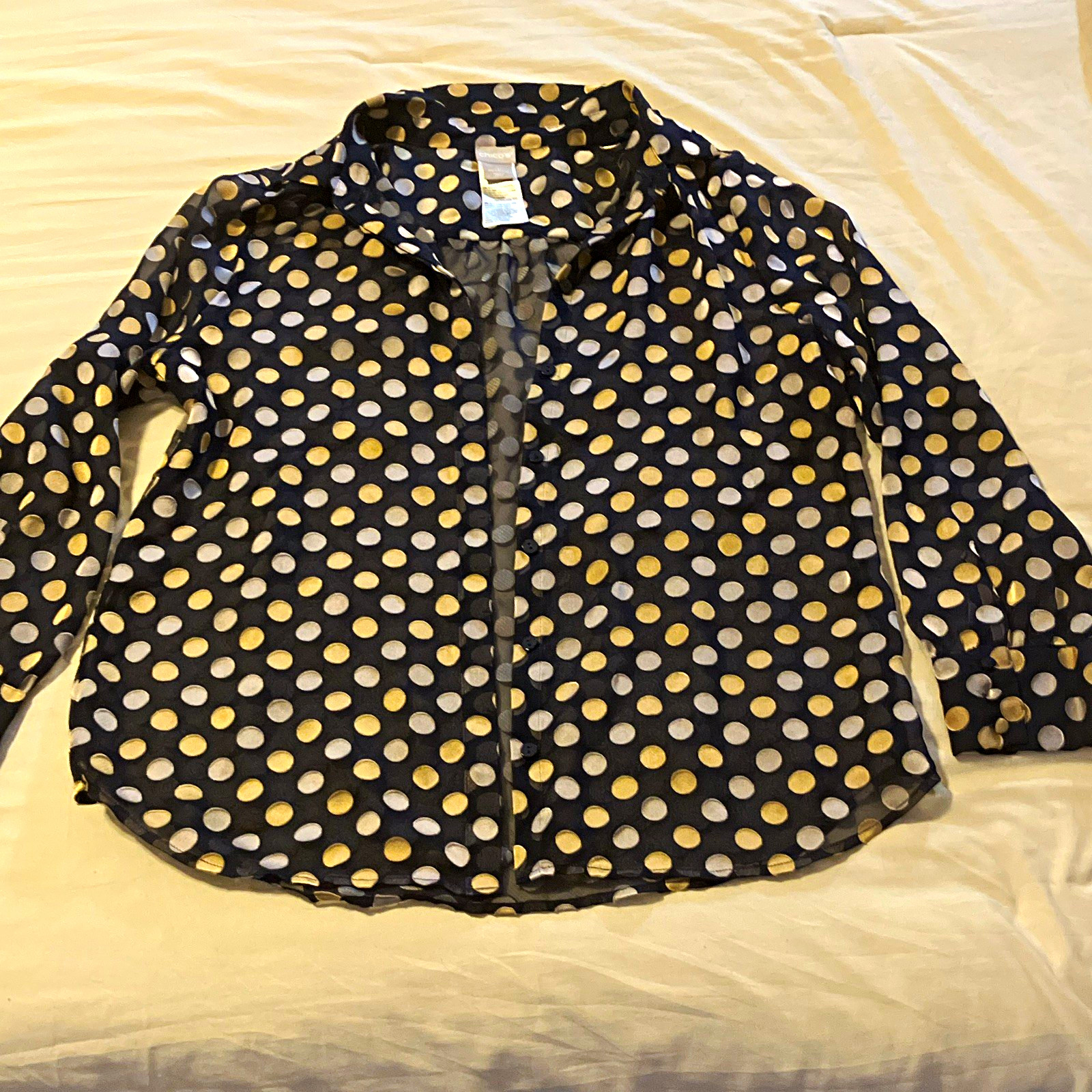 Chico’s Women’s Black/Gold/White Polka Dot Collared Sheer Button-Up 1