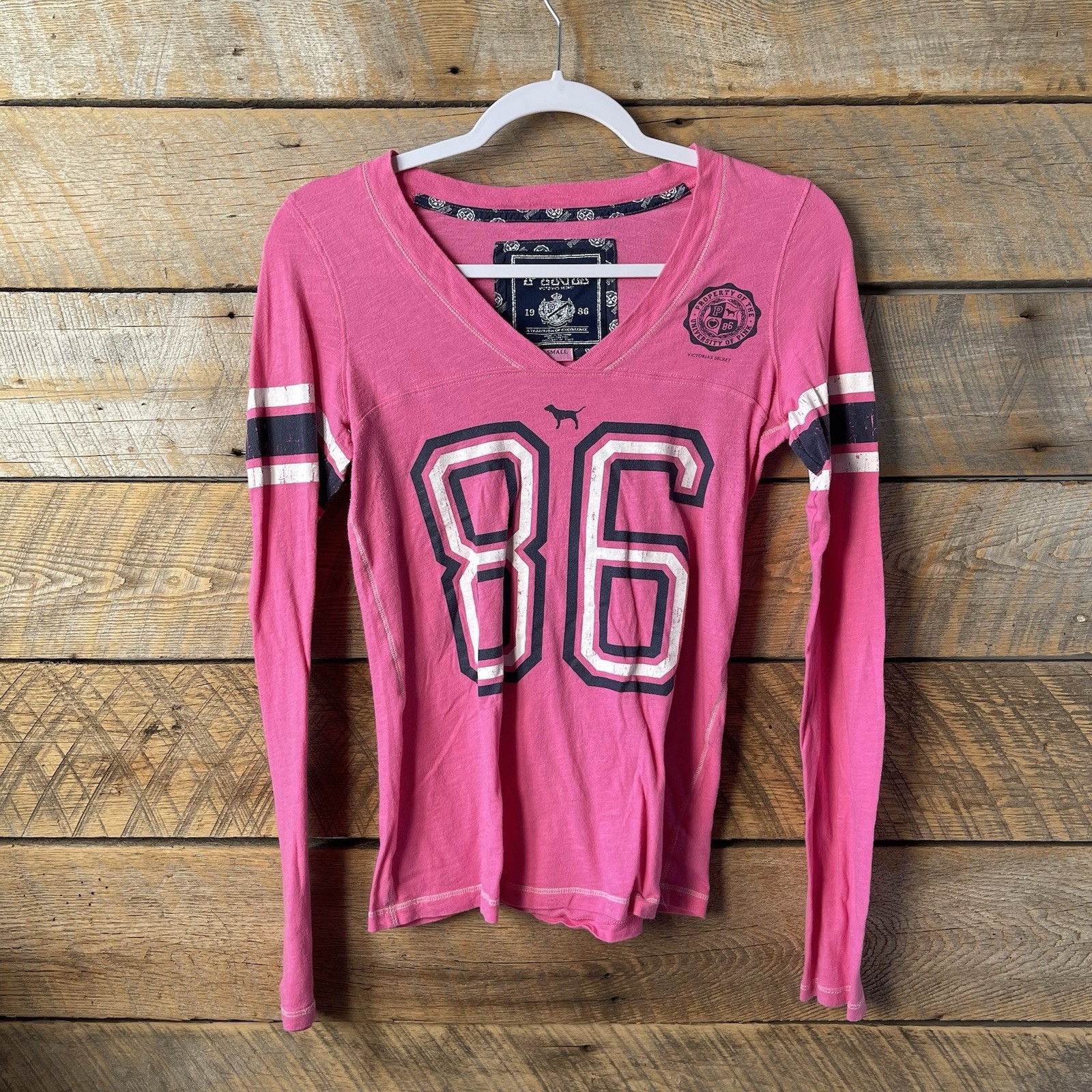 Y2K Victoria’s Secret PINK V-neck Long Sleeve Baseball Tee Hot Pink Sz Small