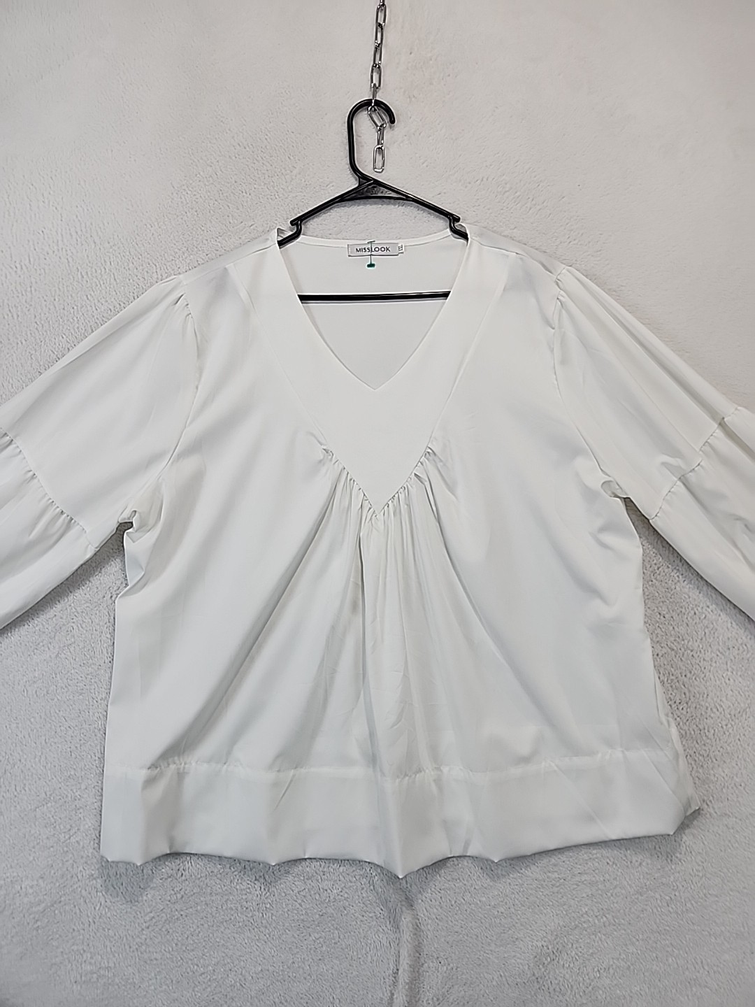 MissLook Blouse Womens XXL White V-Neck Bishop Sleeve Semi-Sheer Tunic Flowy Fit