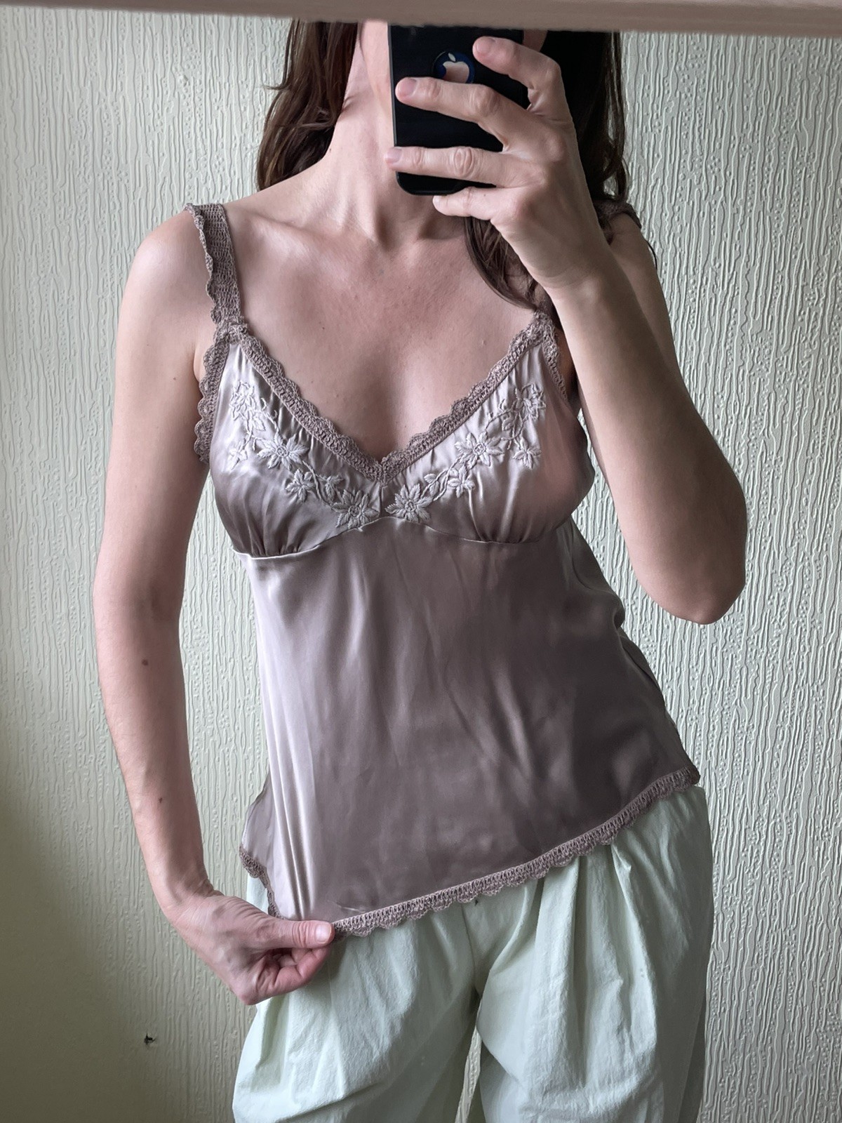 Gold Hawk Silk Top Cami Vest Taupe Beige Lace Detail 100% Soft L