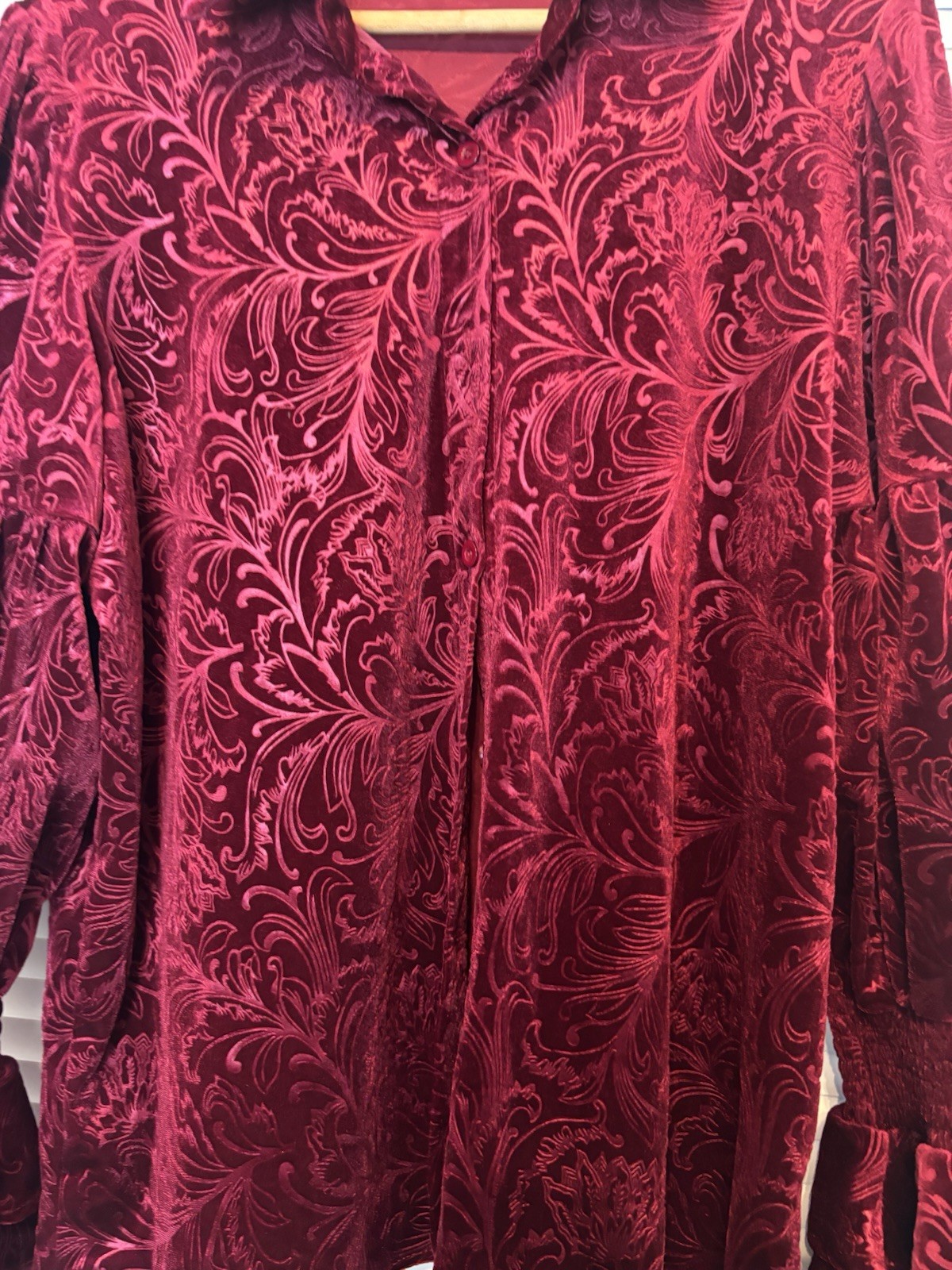 Floral Embossed Red Velvet Button Up Top L Ruffle Smocked Cuffs Goth Romantic