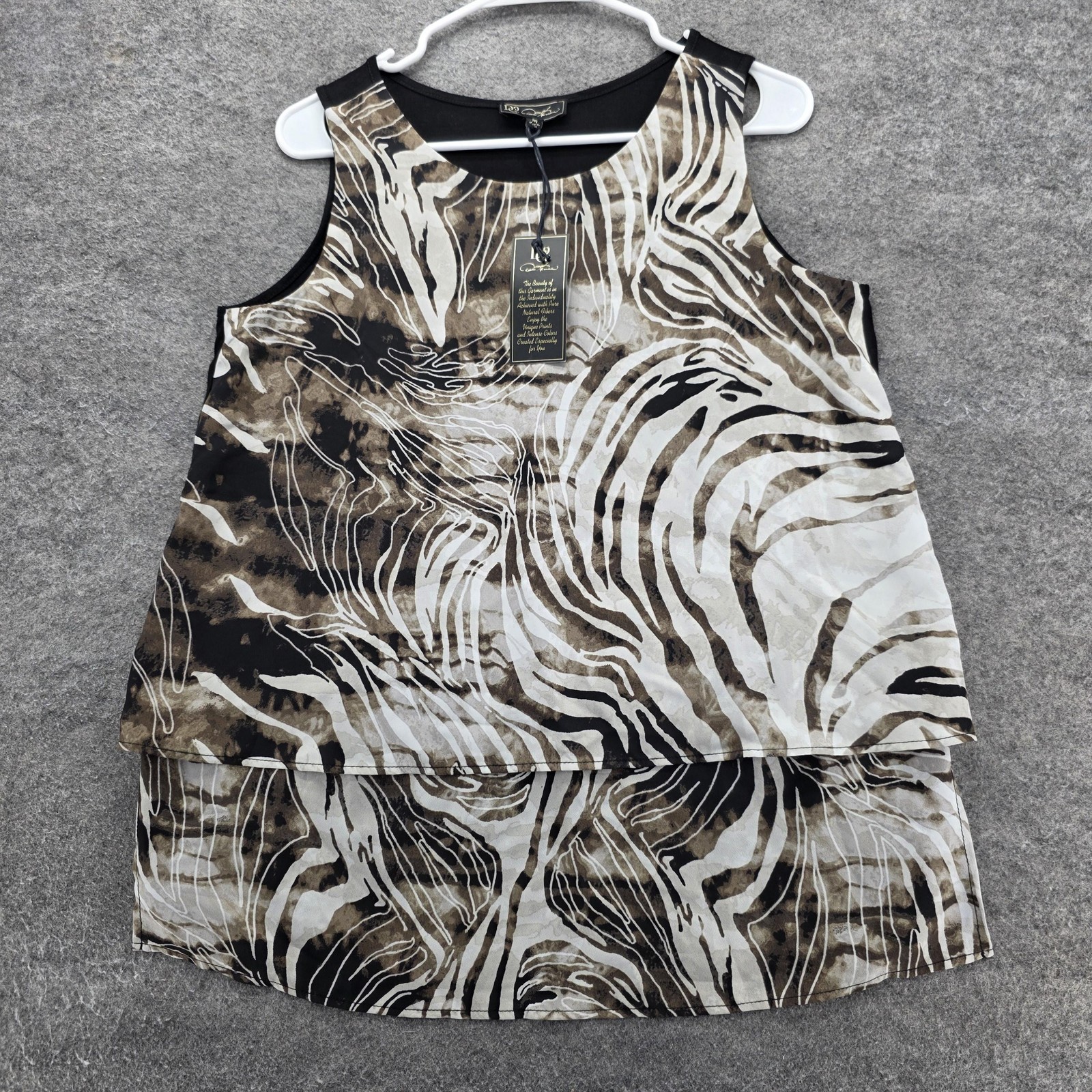 DG2 by Diane Gilman Shirt Womens Medium Brown Black Zebra Print Sleeveless Tunic
