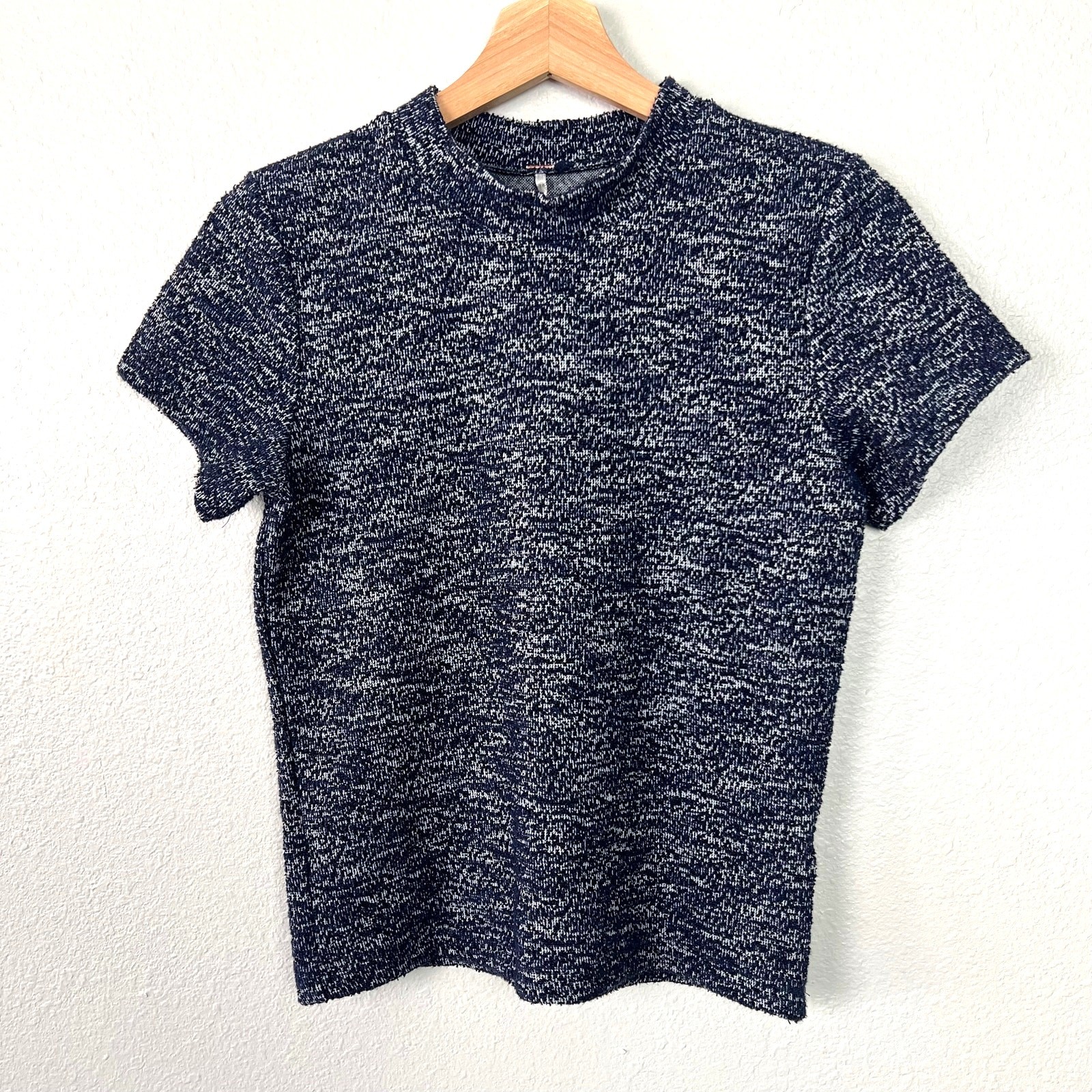 Free People Sz Medium Marled Crop Sweater Tee Navy White Mock Neck Short Sleeves