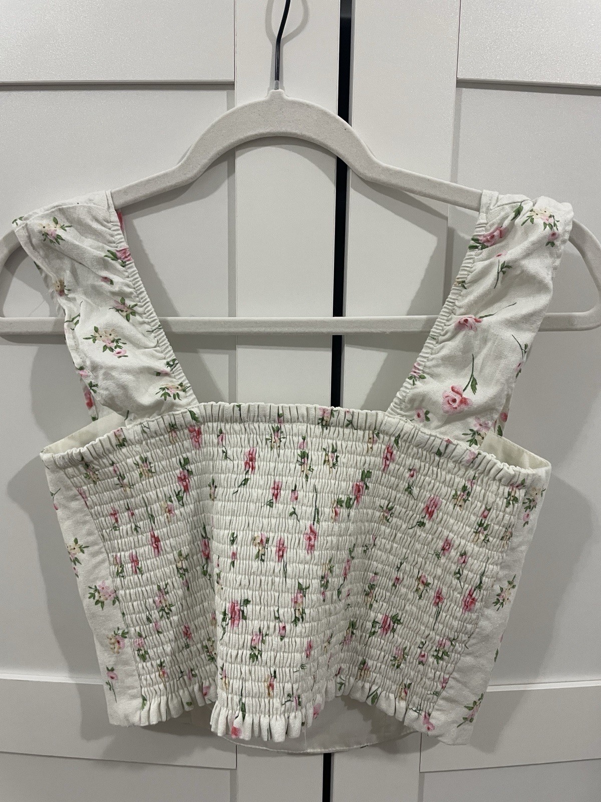 Joie Women’s S White Pink Green Floral Square Neck Button Front Cropped Tank
