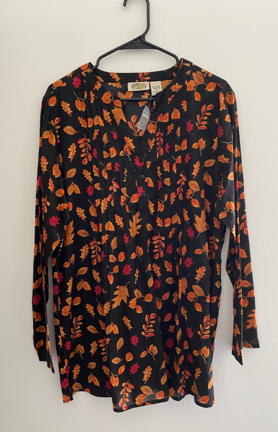 Collections Etc Black Long Sleeve AUtumn Leaf Print Tunic Top sz Large New NWOT
