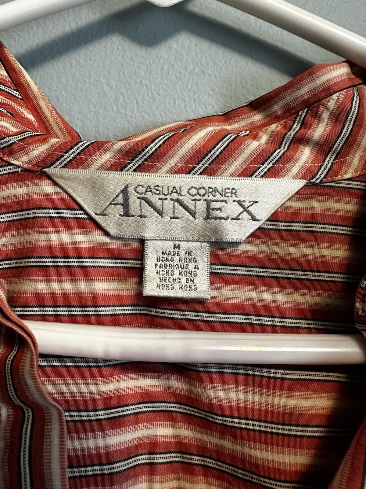 Annex Women’s M Red White Black Striped Collared Long Sleeve Button-Up Blouse