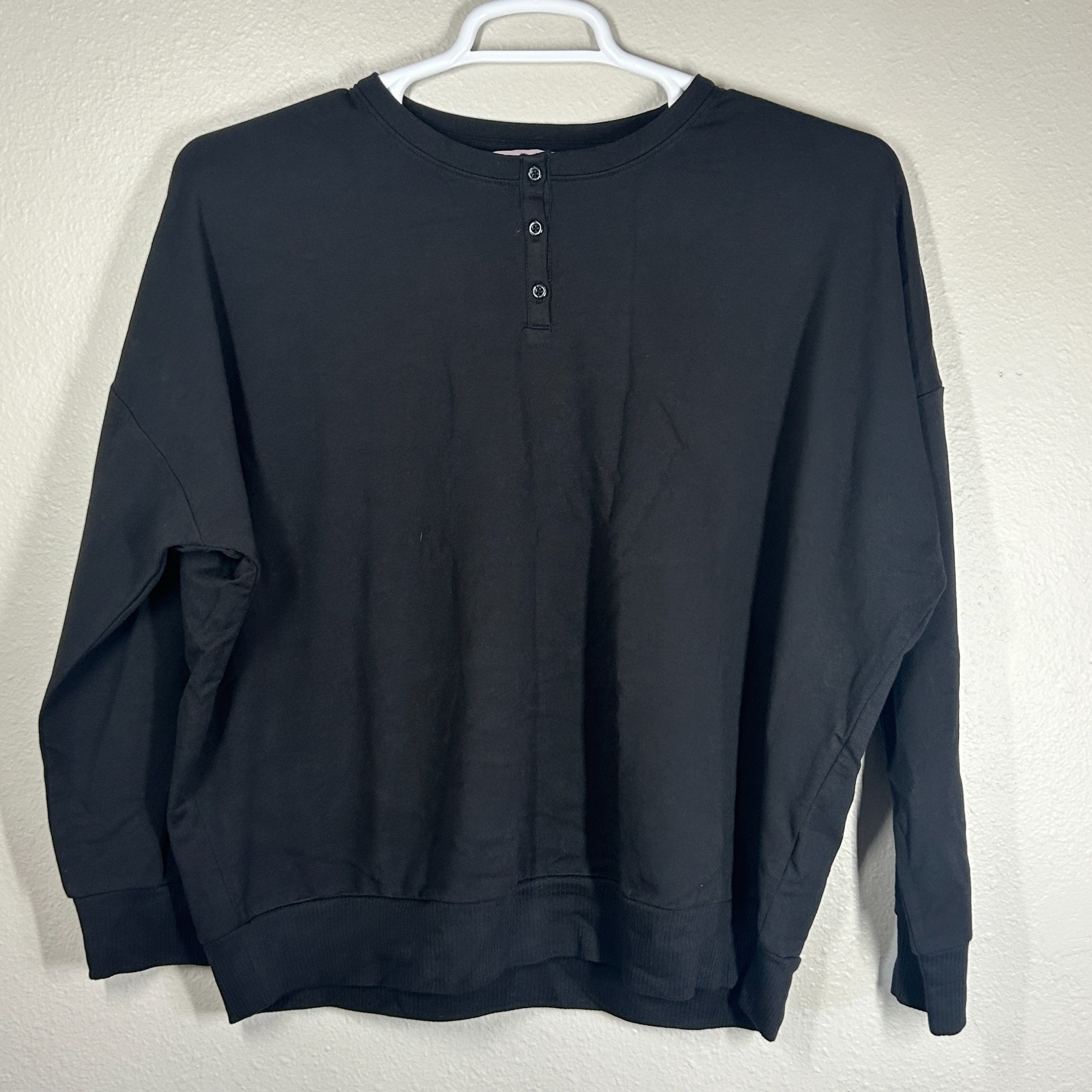 Any Body Black Henley Sweatshirt Size XS Long Sleeve Dolman Sleeve