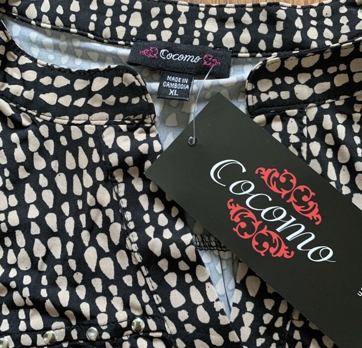 COCOMO XL Black Beige Studded 3/4 sleeve women’s Pintuck Blouse top Tunic shirt
