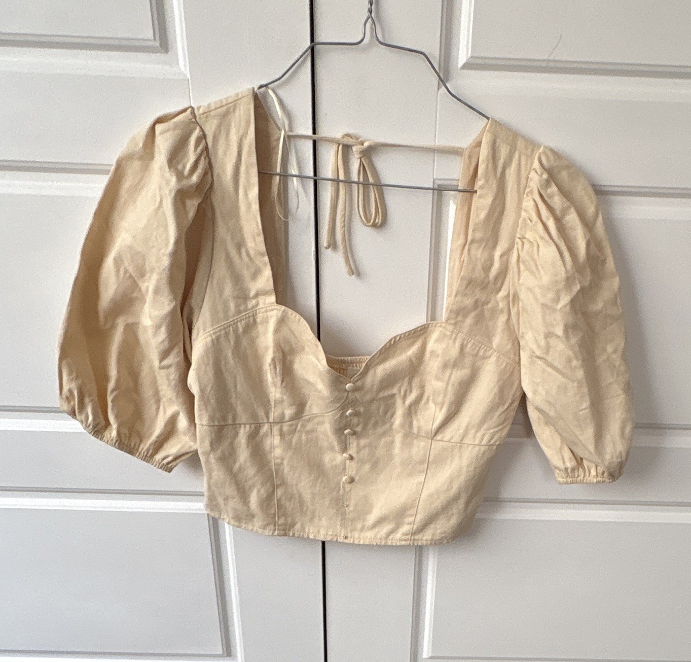 Lush Beige Square Neck Puff 3/4 Sleeve Smocked Back Crop Blouse Size L