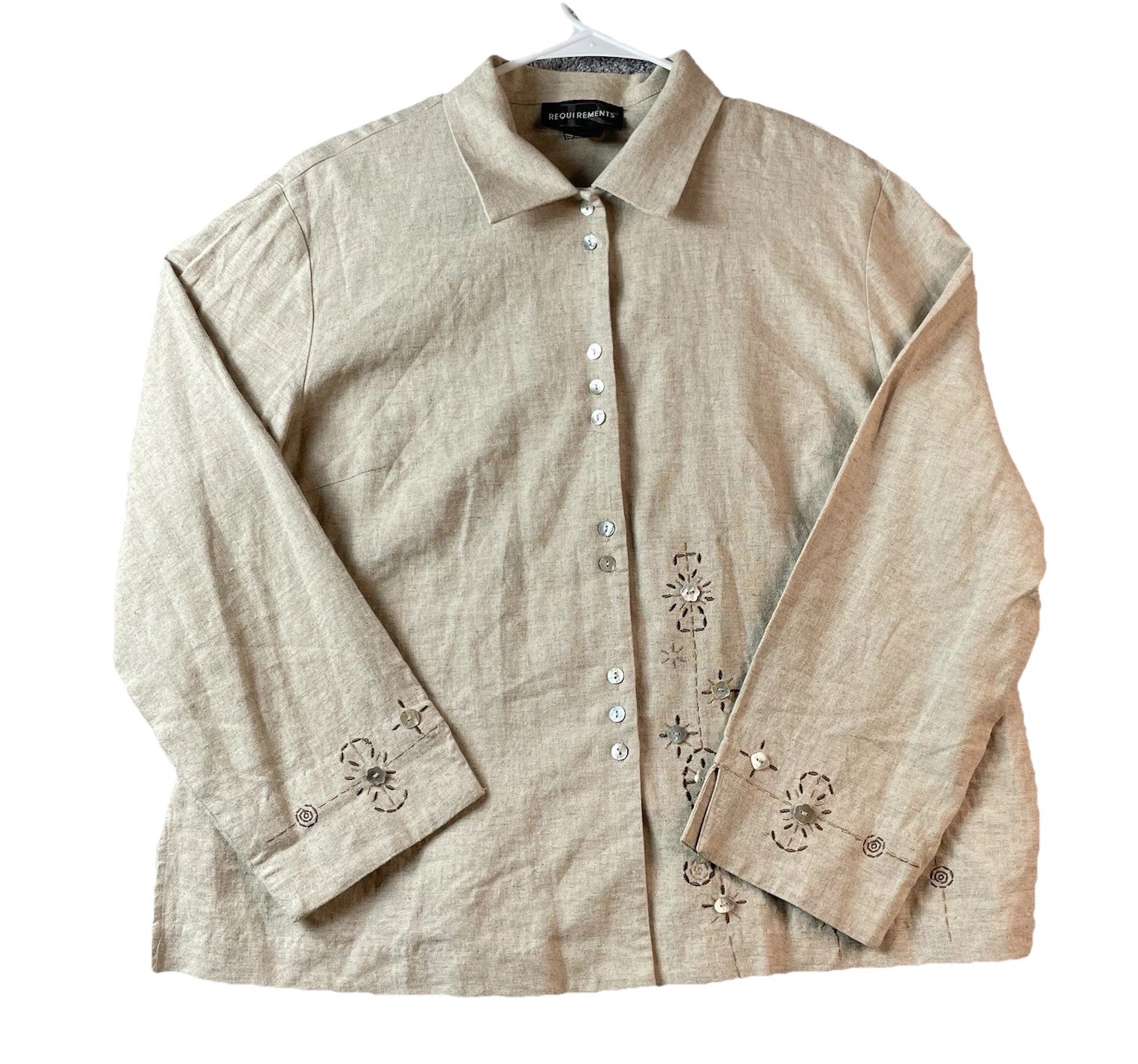 Requirements Linen Blend Beige Emboidered Beaded Button-Up Shirt – Size 16