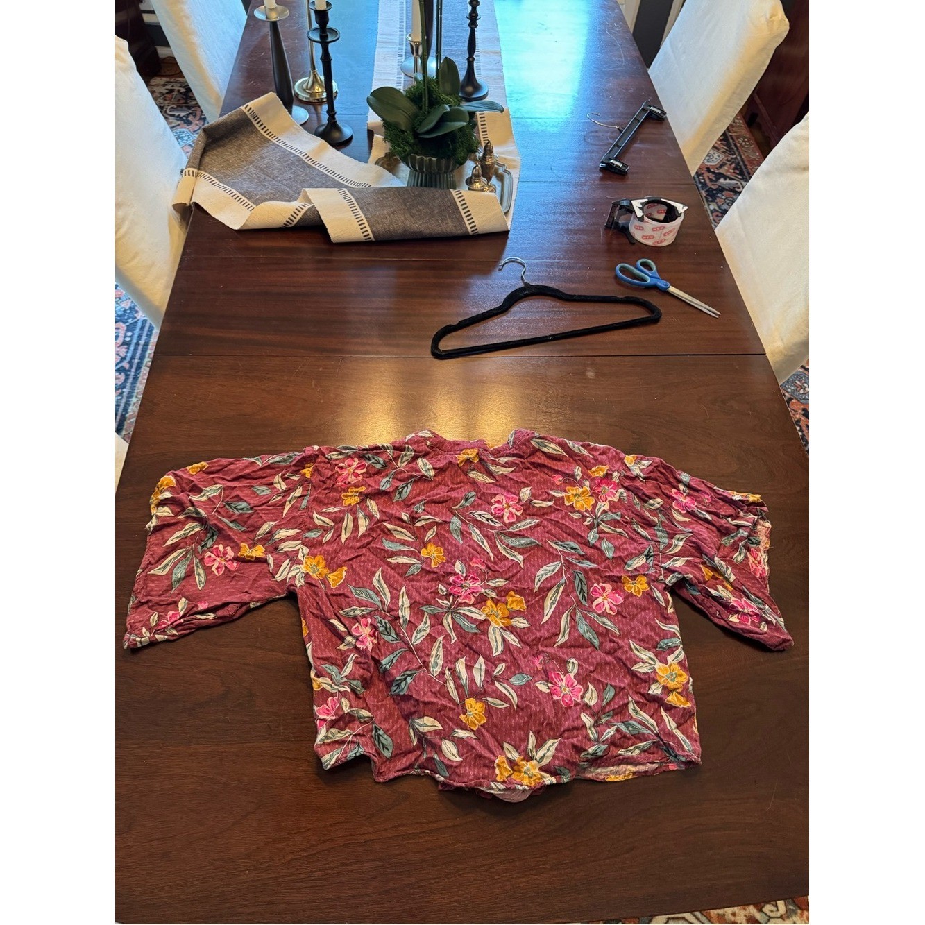 Democracy women’s Floral Tie-Front Blouse Maroon with Yellow & Pink Flowers Med