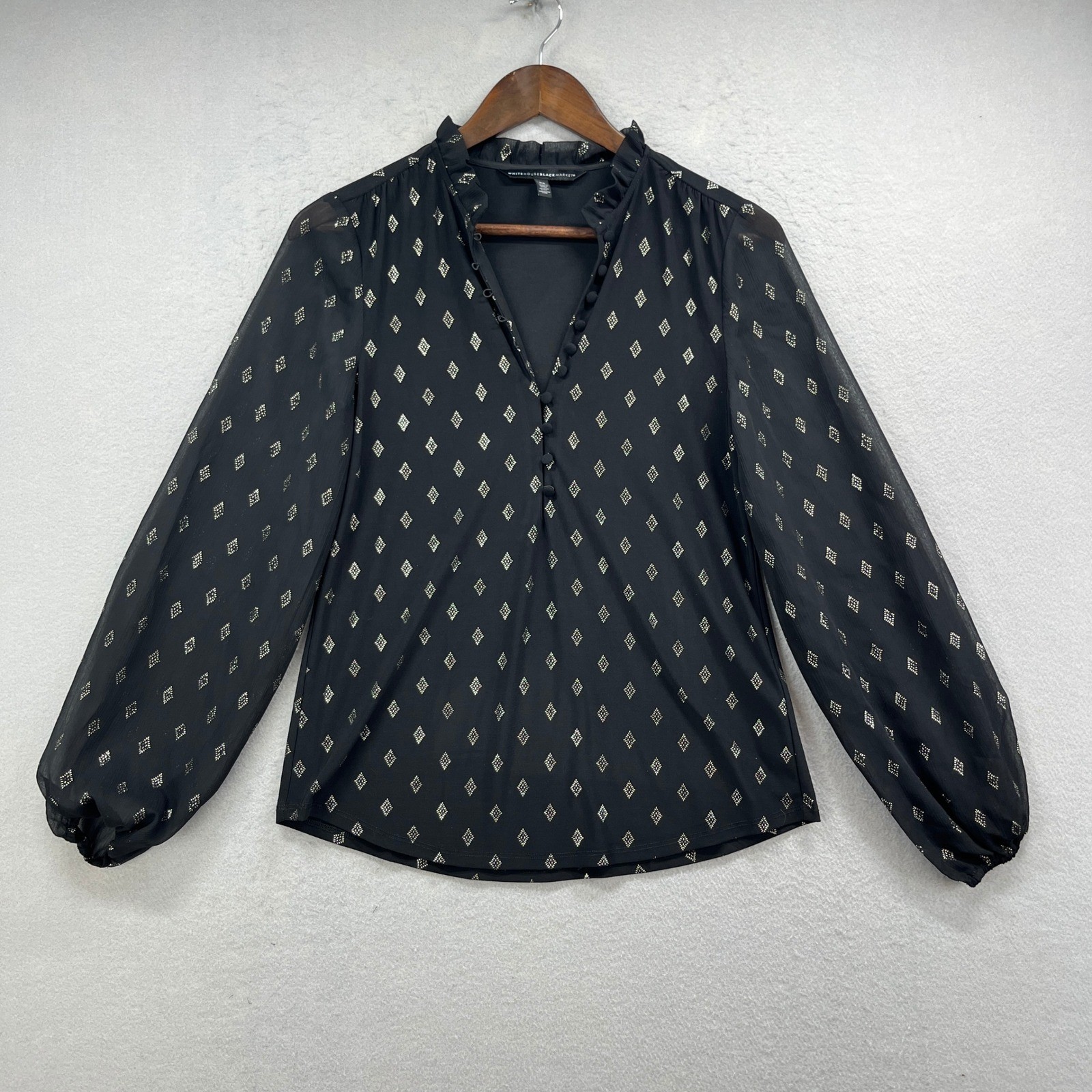 White House Black Market Blouse Womens XS Black Gold Sheer Sleeve Chic Party Top