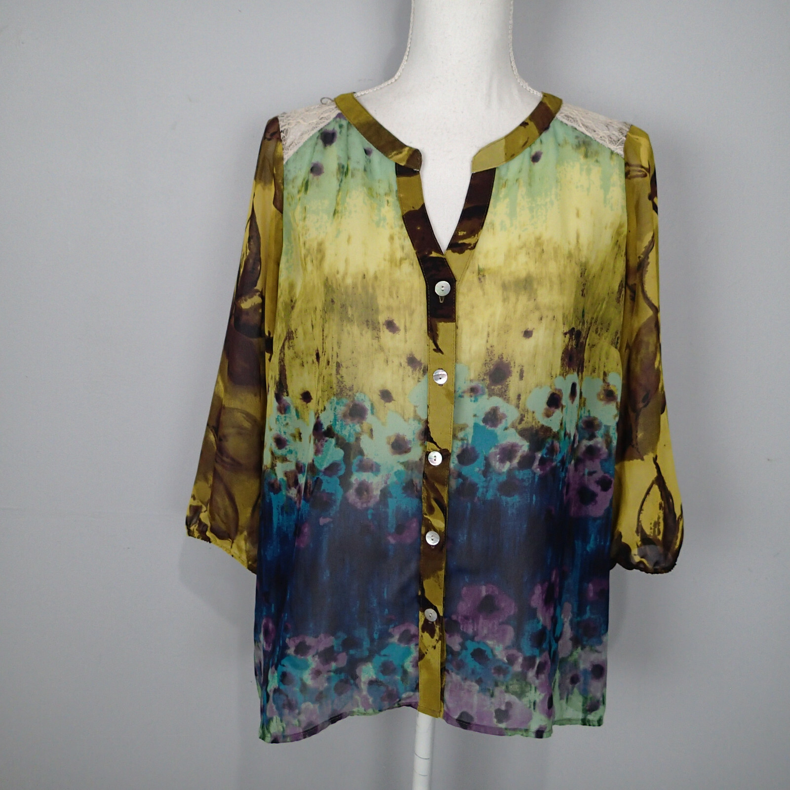 Figueroa & Flower Sz m Tunic Boho Peasant Multicolor Semi-sheer button down