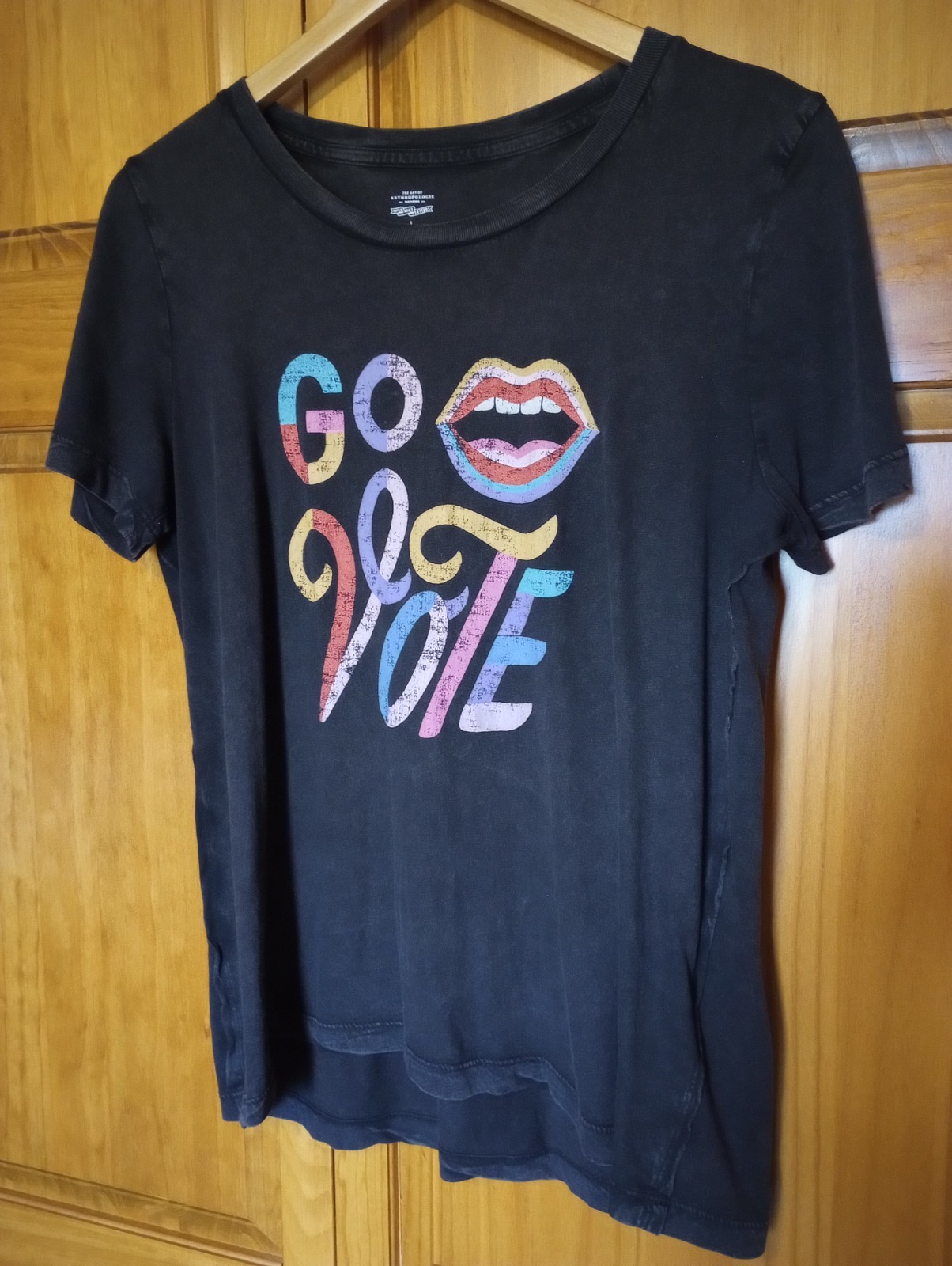 Anthropologie “Go Vote” Tee w/ inside out side stitch charcoal black Size Small