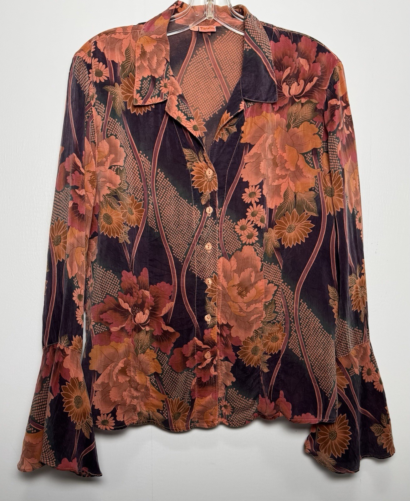 Vtg Tianello Floral Rayon Blouse Romantic Statement Sleeve Art To Wear L