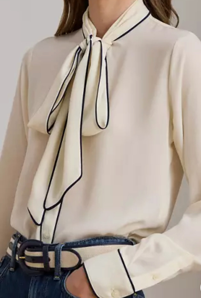 Polo Ralph Lauren Women’s Ivory Georgette Tie Neck Blouse Top Size L NWT