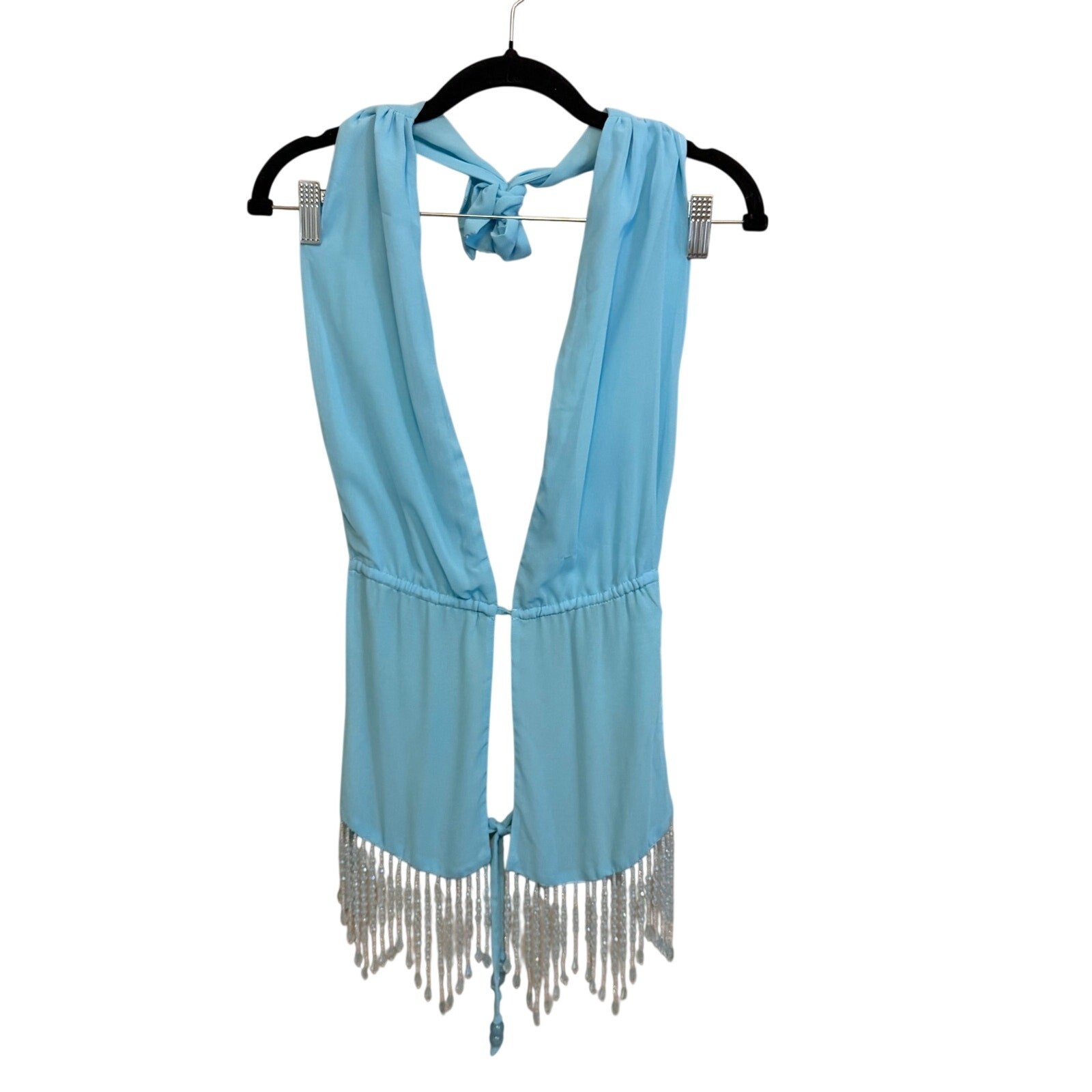 Outcast Almie Halter Top M Blue Beaded Fringe Starfish Vacation Resort Beach NWT