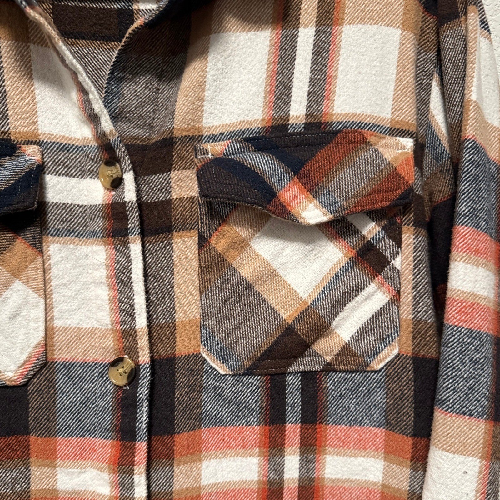 Womens Plaid Flannel Shirt Jacket BeachLoungeLunch Orange Brown White