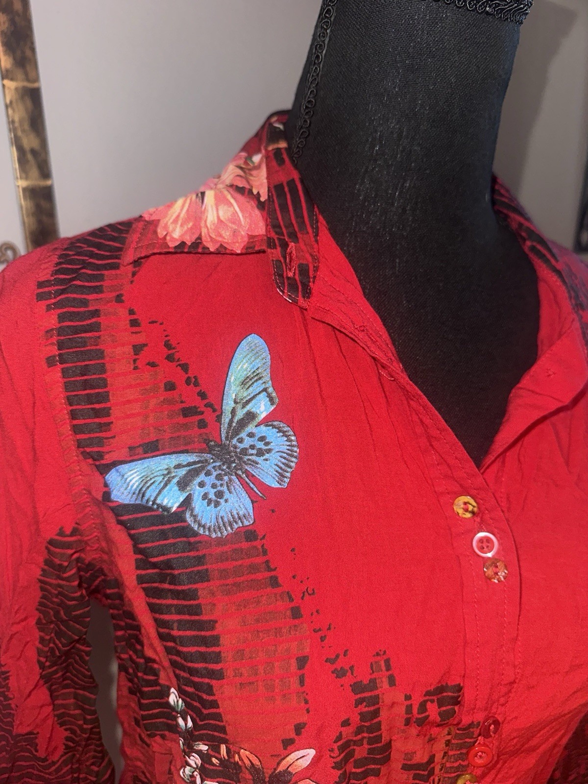 Desigual red/black floral butterfly long sleeve button down collar shirt, Size S