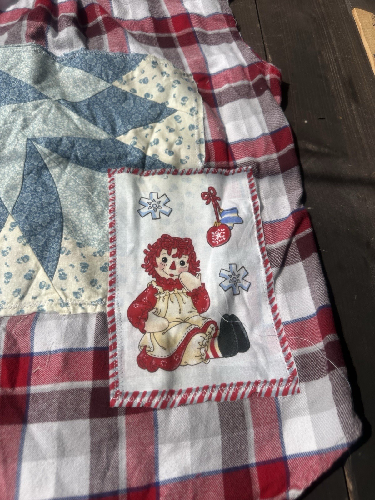 Upcycled Flannel Sleeveless Women M Red Cottagecore Raggedy Ann Pocket Quilt
