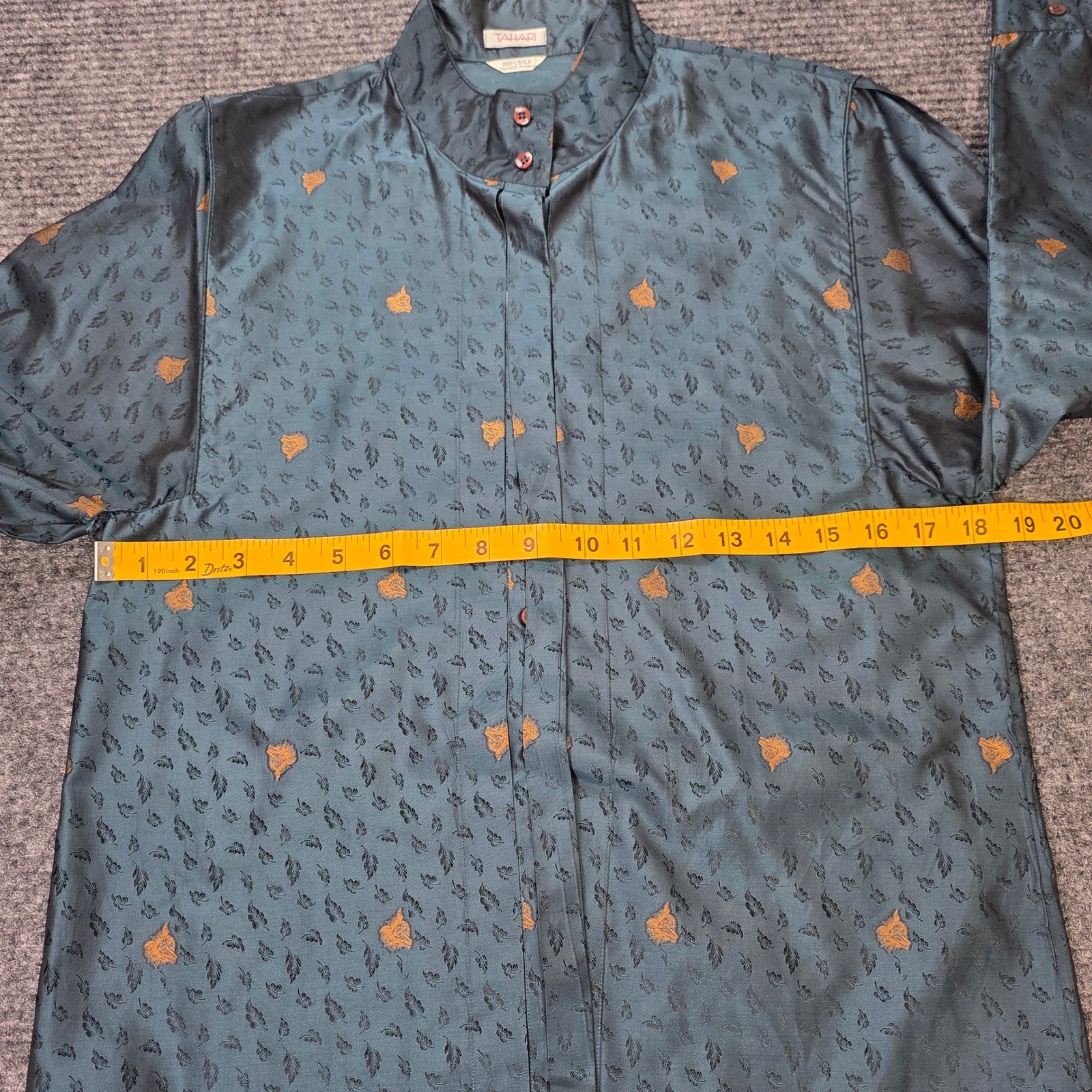 Vintage Tahari 100% Silk Mandarin Collar Jacquard Blouse Women’s Size 8 Teal