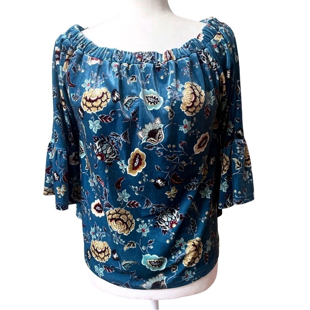 Current + Project Floral Bell Sleeve Off Shoulder Velvet Top Womens Small Blue
