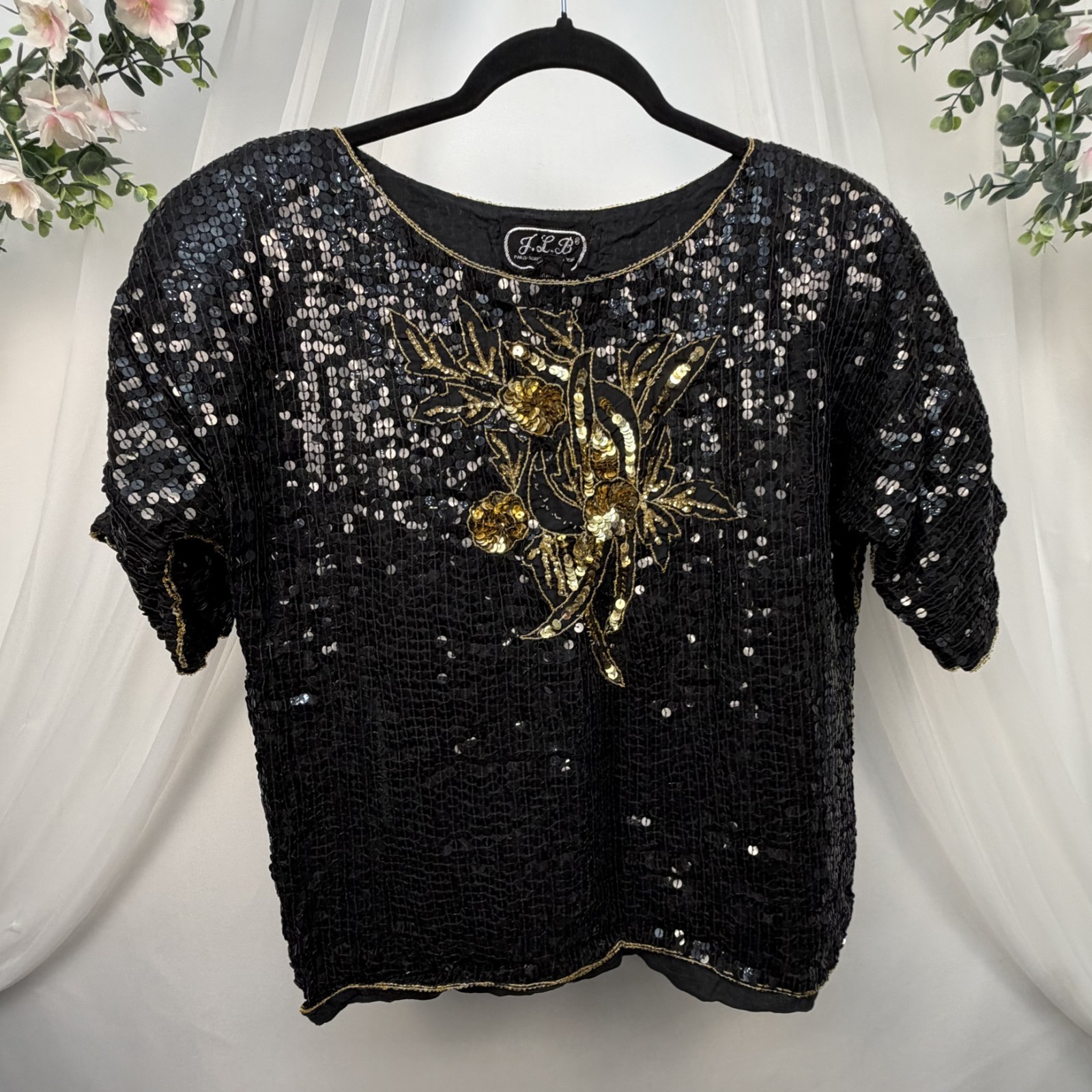 Vtg J.L.B. Joseph Le Bon ’70s Sequin Silk Floral Short Sleeve Top Blouse M