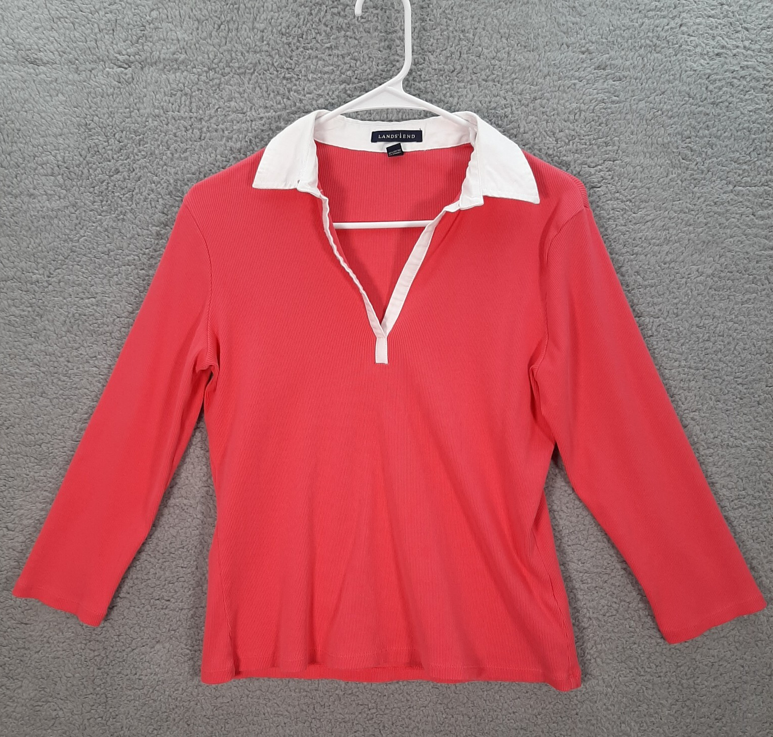 Lands End Shirt Womens Medium Pink White Ribbed V Neck Top Preppy Careerwear